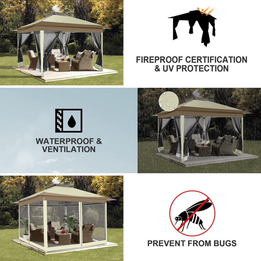 12' X 12' Pop-Up Gazebo Patio Outdoor Canopy Tent with 8 Mosquito Nettings, Adjustable Height and 144 Square Ft of Shade for Garden, Party, Backyard with Vented Top, Khaki