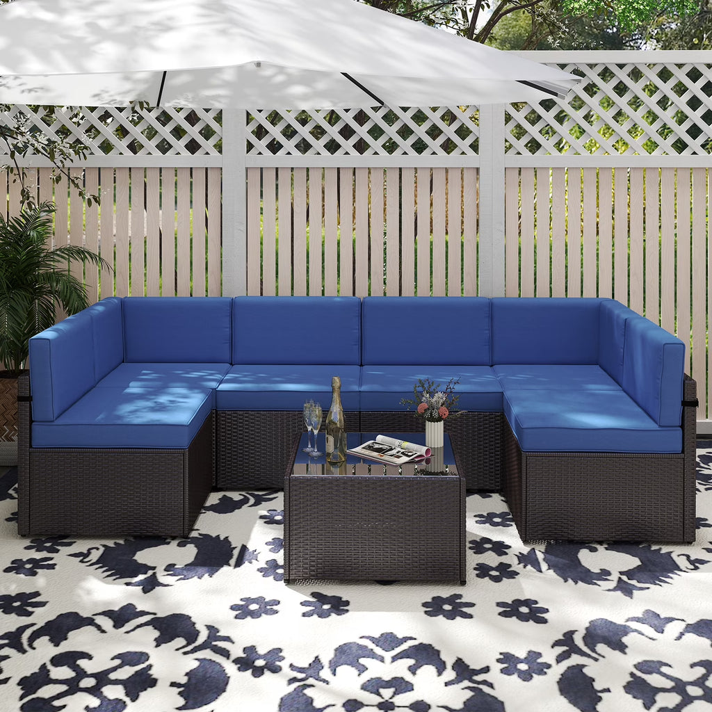 7Pcs Outdoor Patio Furniture Set Wicker Sectional Sofa Conversation Chair Sofa Set with Cushions, Dark Blue