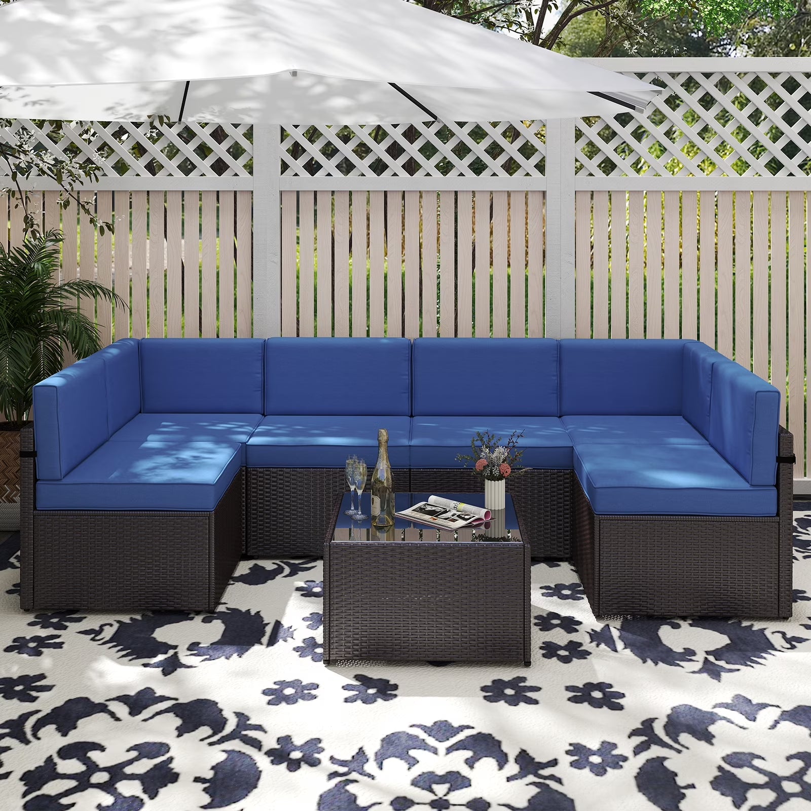 7Pcs Outdoor Patio Furniture Set Wicker Sectional Sofa Conversation Chair Sofa Set with Cushions, Dark Blue
