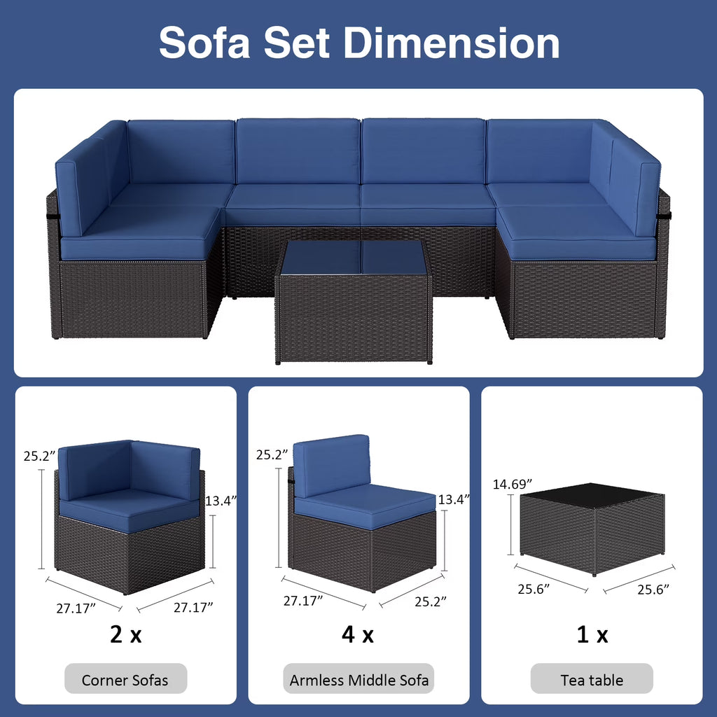 7Pcs Outdoor Patio Furniture Set Wicker Sectional Sofa Conversation Chair Sofa Set with Cushions, Dark Blue