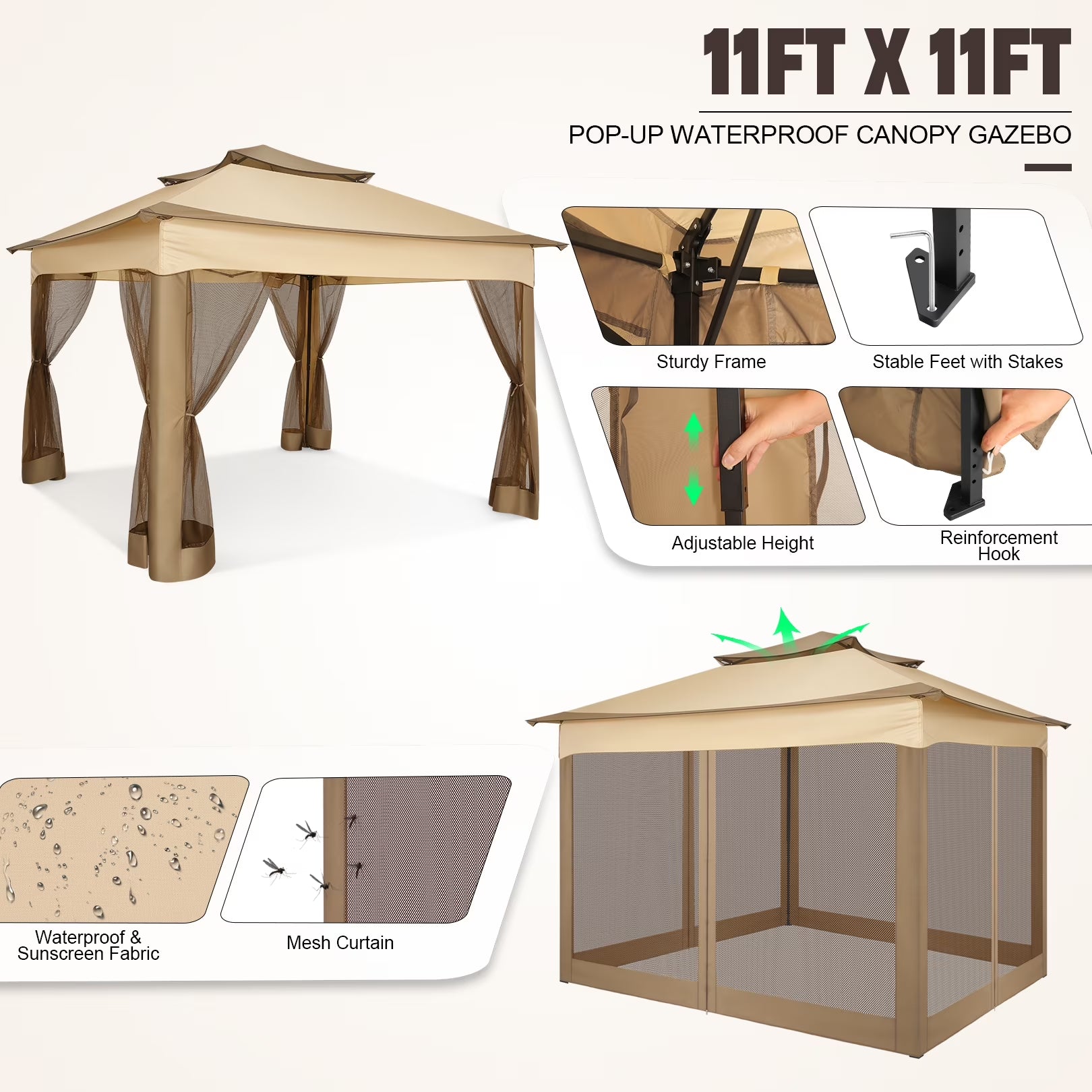 11X11 Pop up Gazebo Outdoor Canopy Gazebo Patio Gazebo with Mosquito Netting Canopy Shelter with 121 Square Feet of Shade for Poolside, Garden, Party and Backyard, Khaki