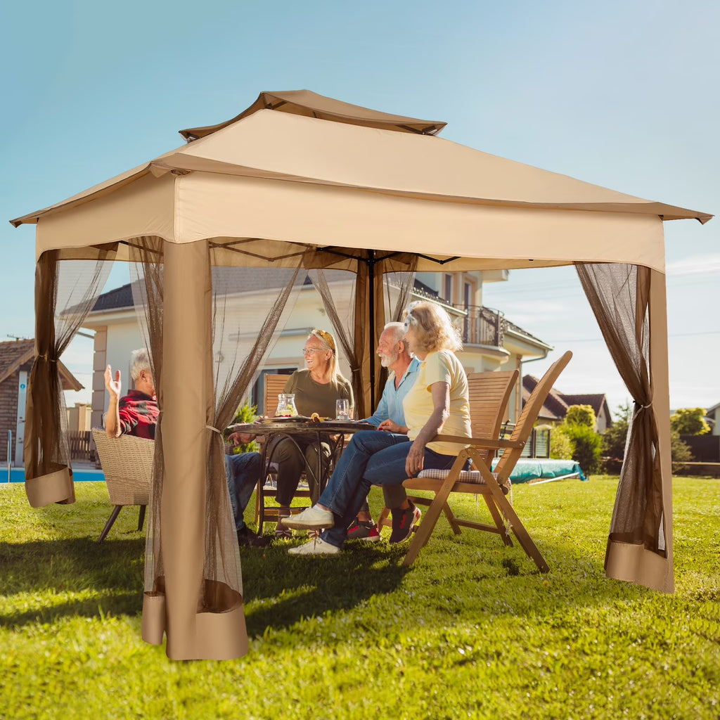 11X11 Pop up Gazebo Outdoor Canopy Gazebo Patio Gazebo with Mosquito Netting Canopy Shelter with 121 Square Feet of Shade for Poolside, Garden, Party and Backyard, Khaki