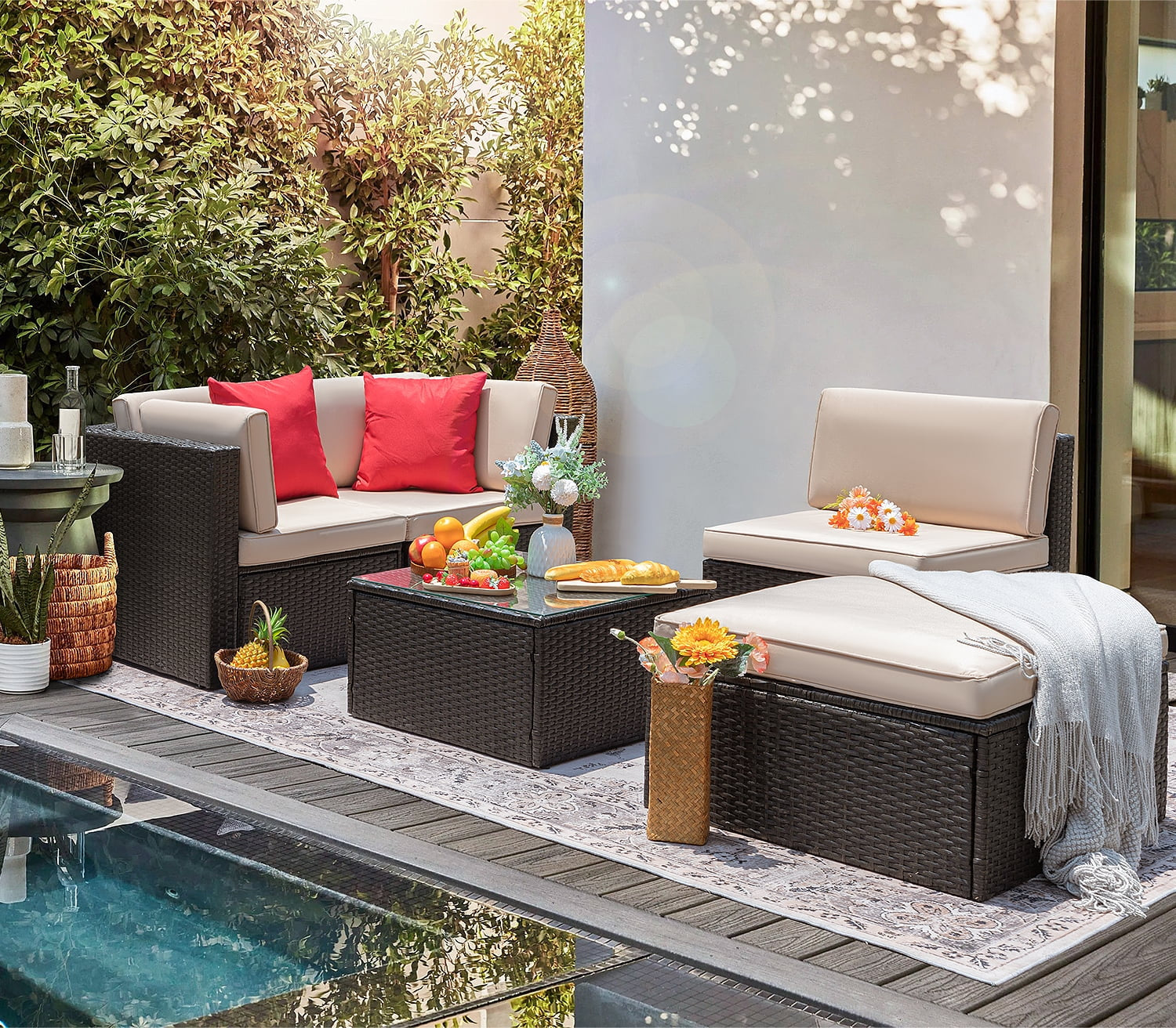 5 Pieces Patio Sectional Set PE Rattan Outdoor All-Weather Wicker Conversation Set with Table, Beige
