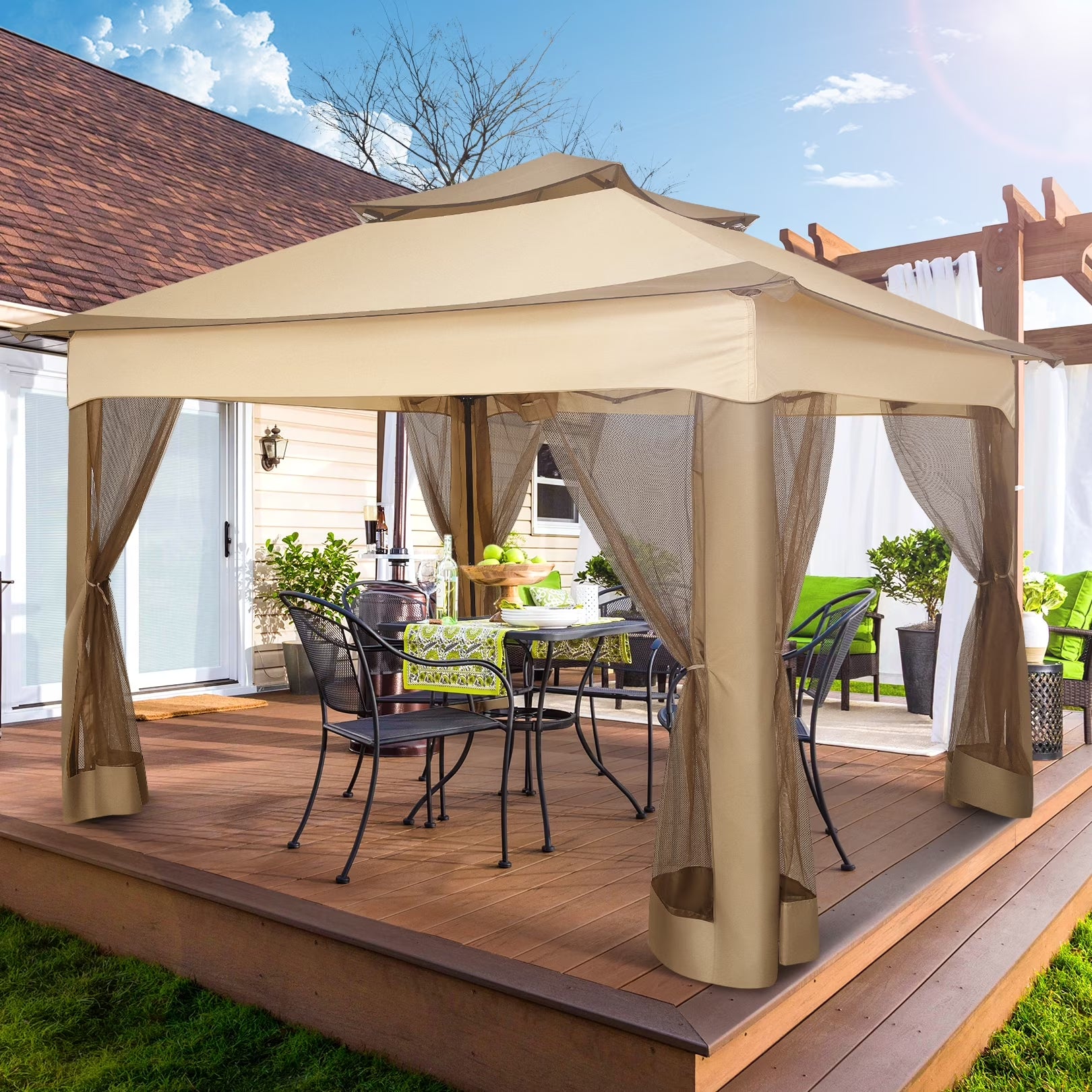 11X11 Pop up Gazebo Outdoor Canopy Gazebo Patio Gazebo with Mosquito Netting Canopy Shelter with 121 Square Feet of Shade for Poolside, Garden, Party and Backyard, Khaki