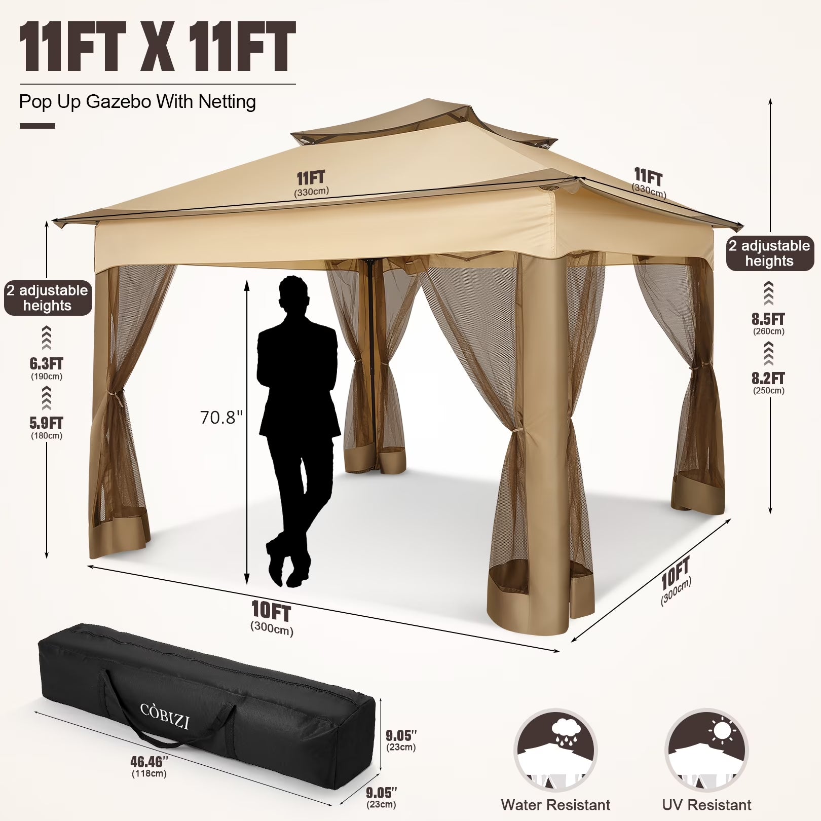 11X11 Pop up Gazebo Outdoor Canopy Gazebo Patio Gazebo with Mosquito Netting Canopy Shelter with 121 Square Feet of Shade for Poolside, Garden, Party and Backyard, Khaki