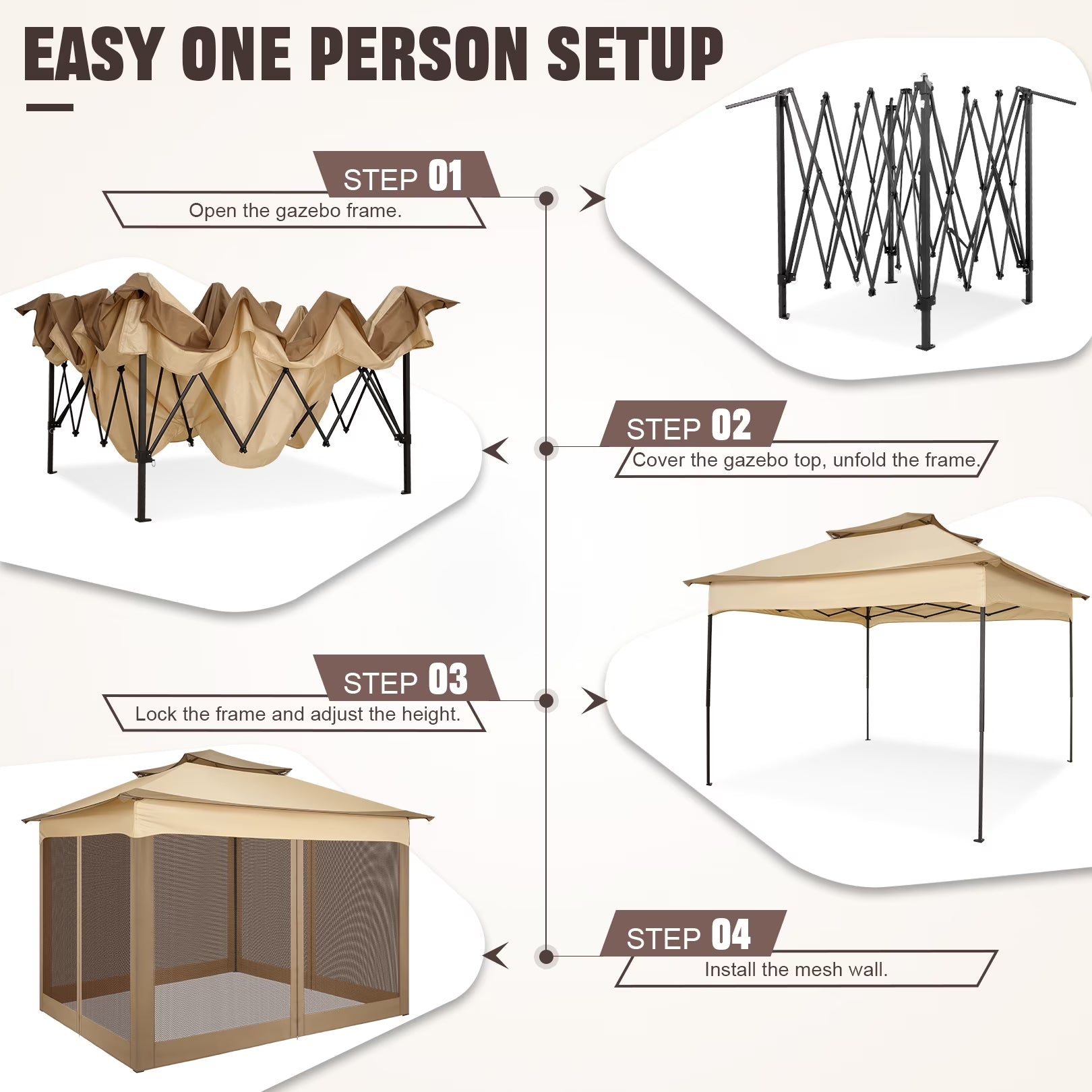 11X11 Pop up Gazebo Outdoor Canopy Gazebo Patio Gazebo with Mosquito Netting Canopy Shelter with 121 Square Feet of Shade for Poolside, Garden, Party and Backyard, Khaki