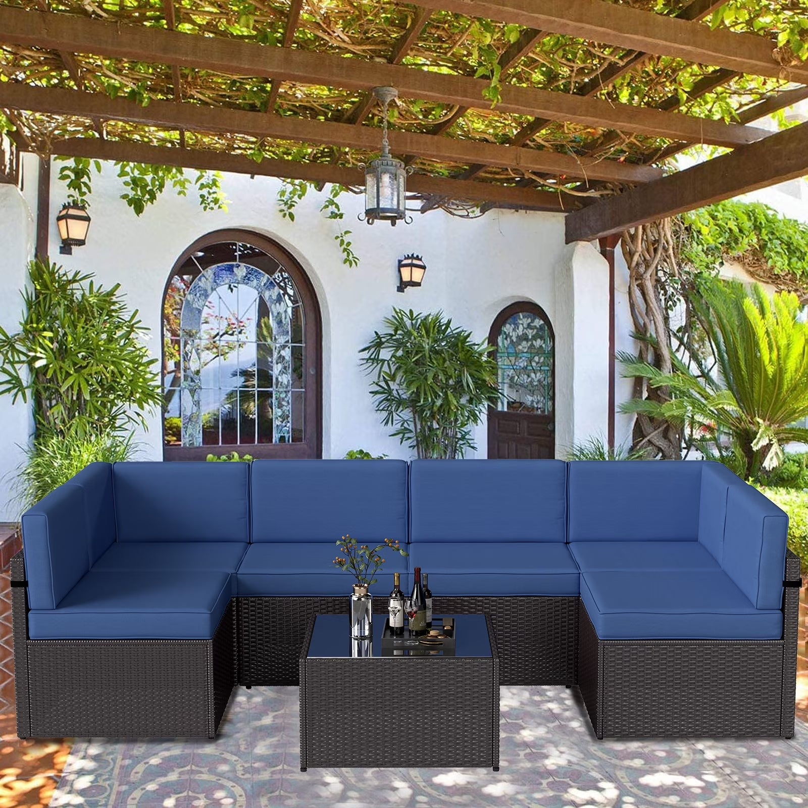 7Pcs Outdoor Patio Furniture Set Wicker Sectional Sofa Conversation Chair Sofa Set with Cushions, Dark Blue