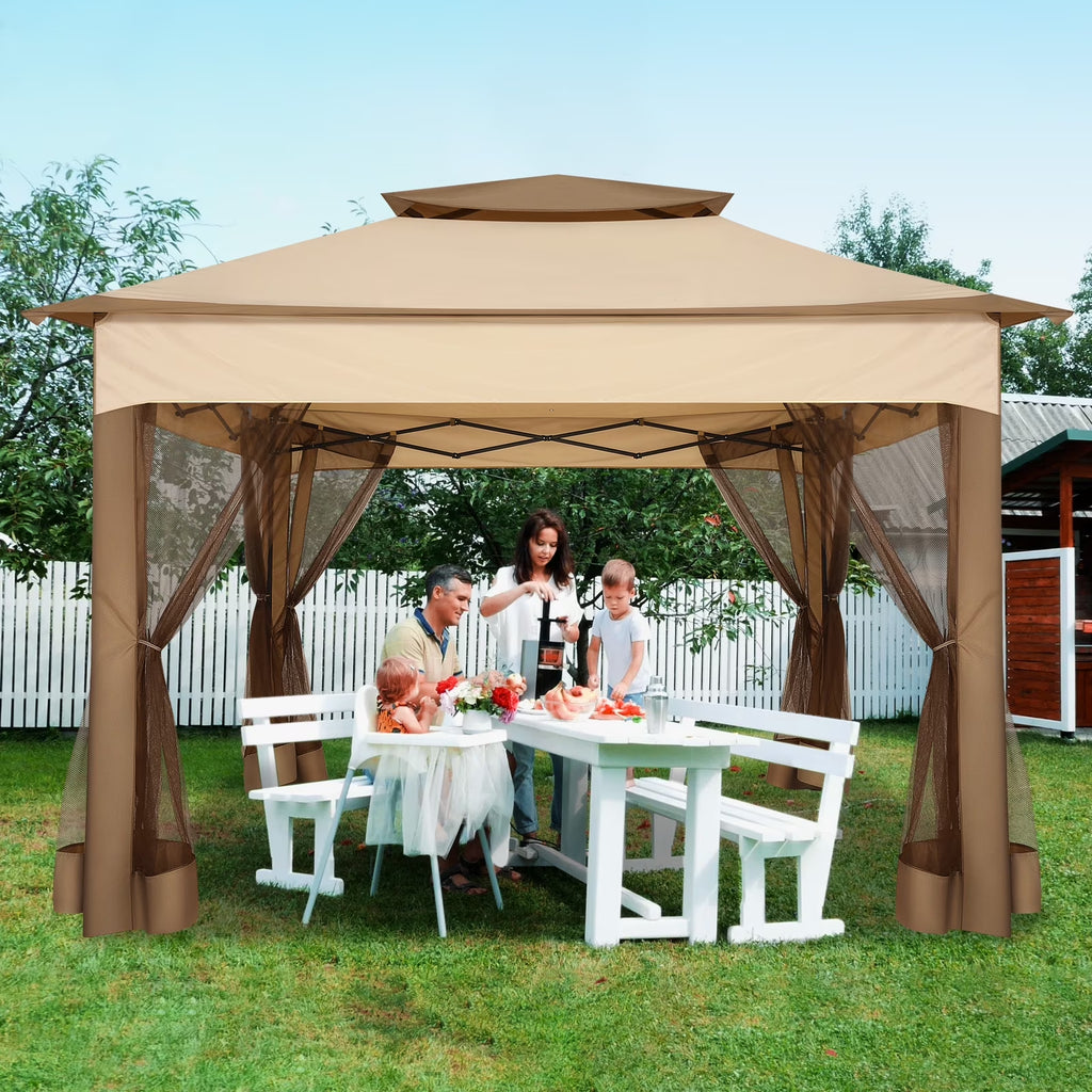 11X11 Pop up Gazebo Outdoor Canopy Gazebo Patio Gazebo with Mosquito Netting Canopy Shelter with 121 Square Feet of Shade for Poolside, Garden, Party and Backyard, Khaki