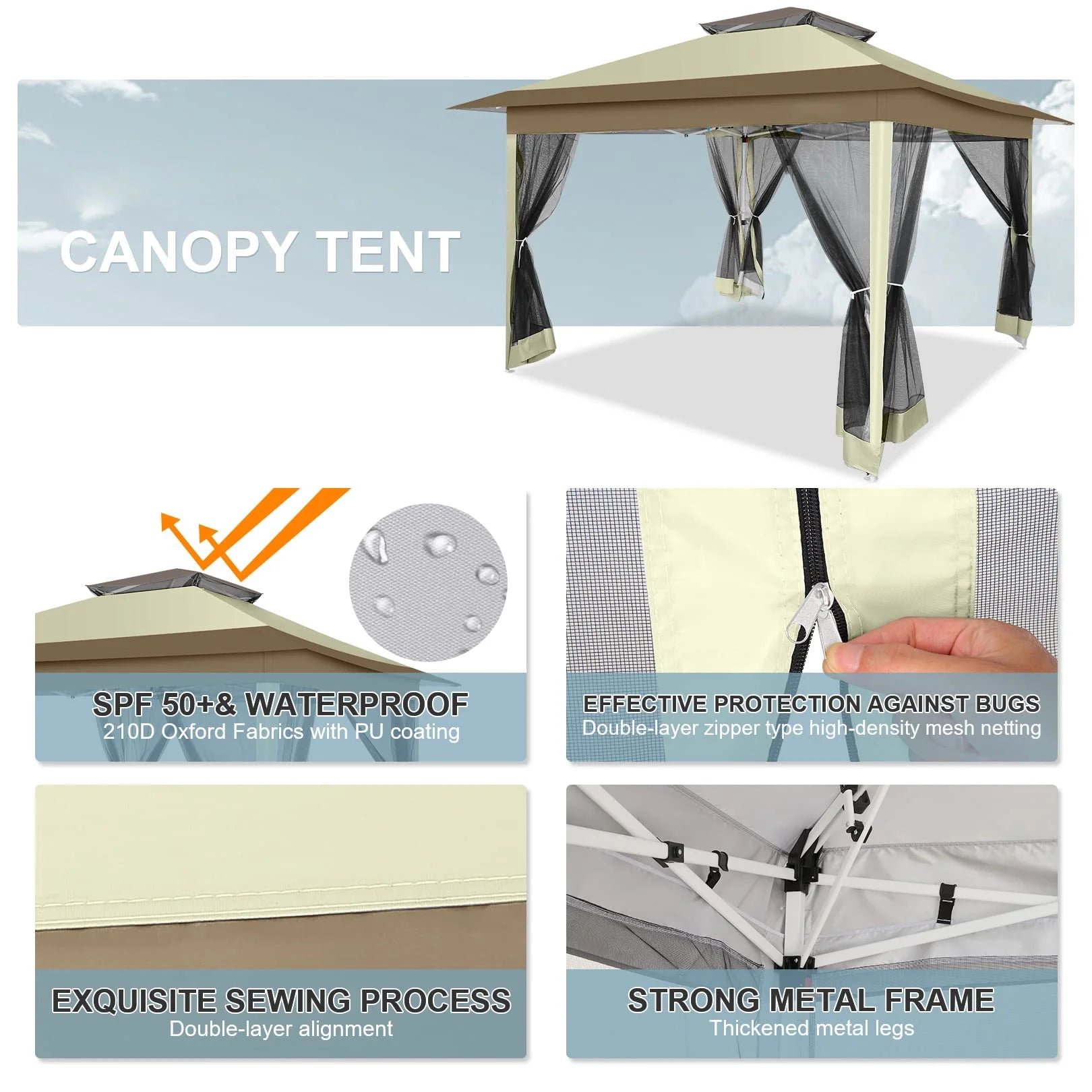 12' X 12' Pop-Up Gazebo Patio Outdoor Canopy Tent with 8 Mosquito Nettings, Adjustable Height and 144 Square Ft of Shade for Garden, Party, Backyard with Vented Top, Khaki