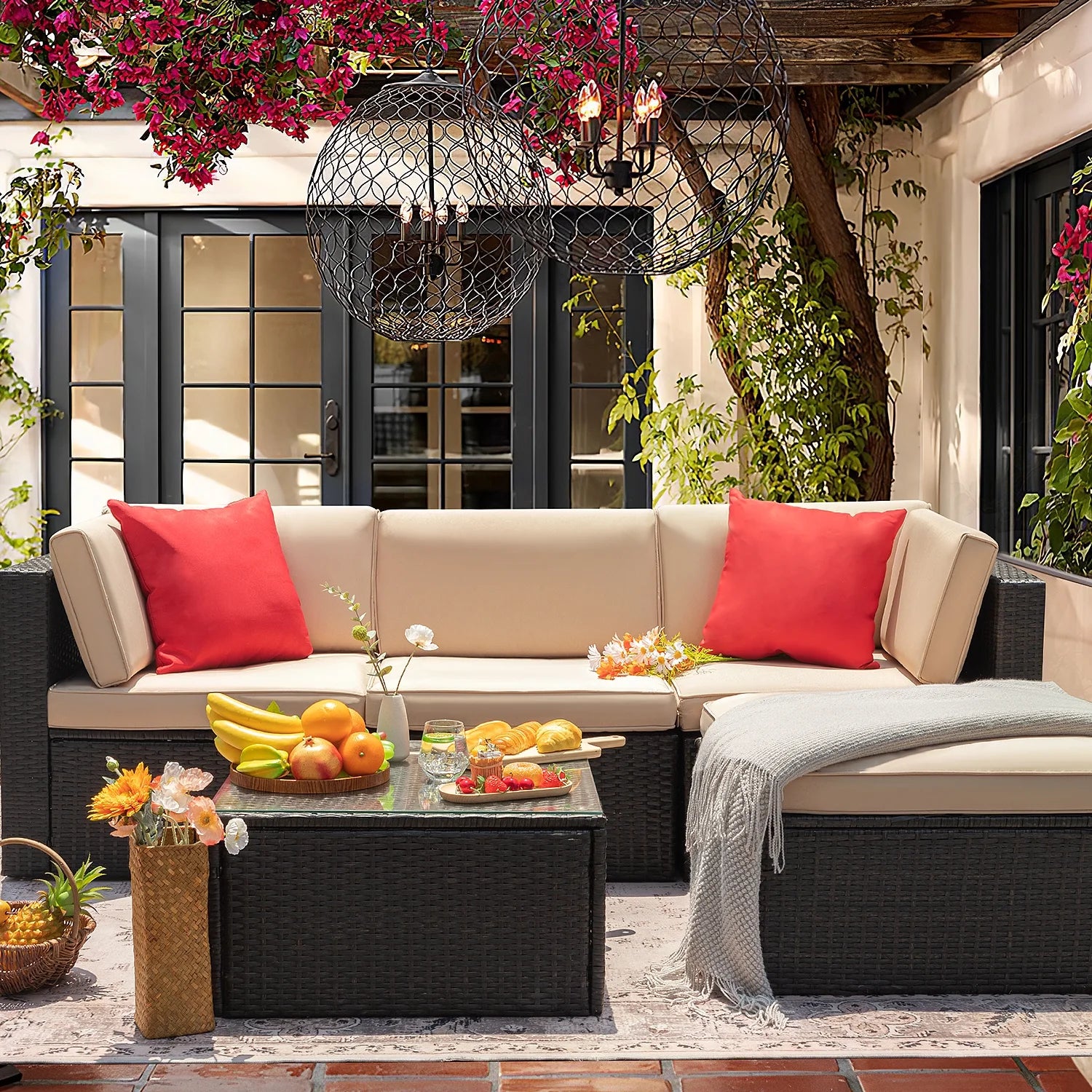 5 Pieces Patio Sectional Set PE Rattan Outdoor All-Weather Wicker Conversation Set with Table, Beige