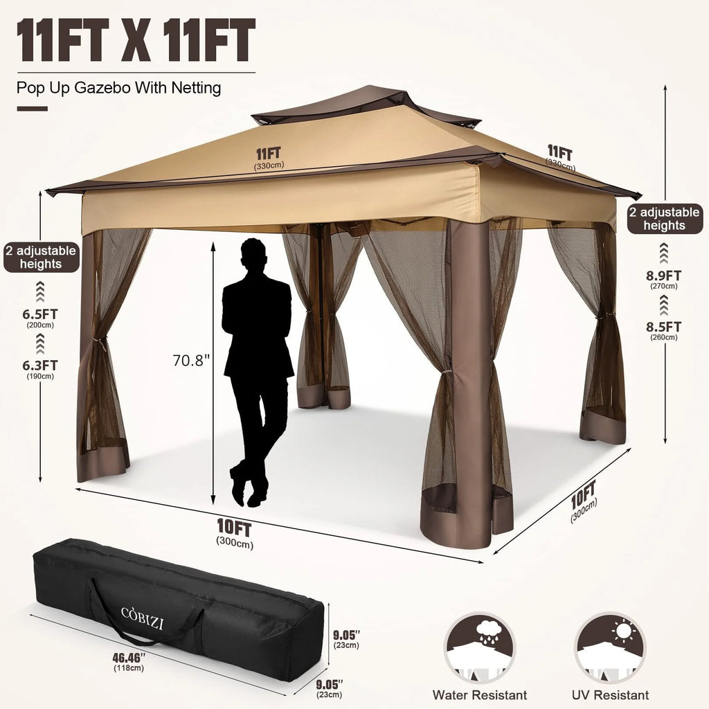 Outdoor Canopy Gazebo 11X11 Pop-Up Gazebo Patio Gazebo with Mosquito Netting Outdoor Canopy Shelter with 121 Square Feet of Shade for Outdoor Lawn, Garden, Backyard and Deck, Brown