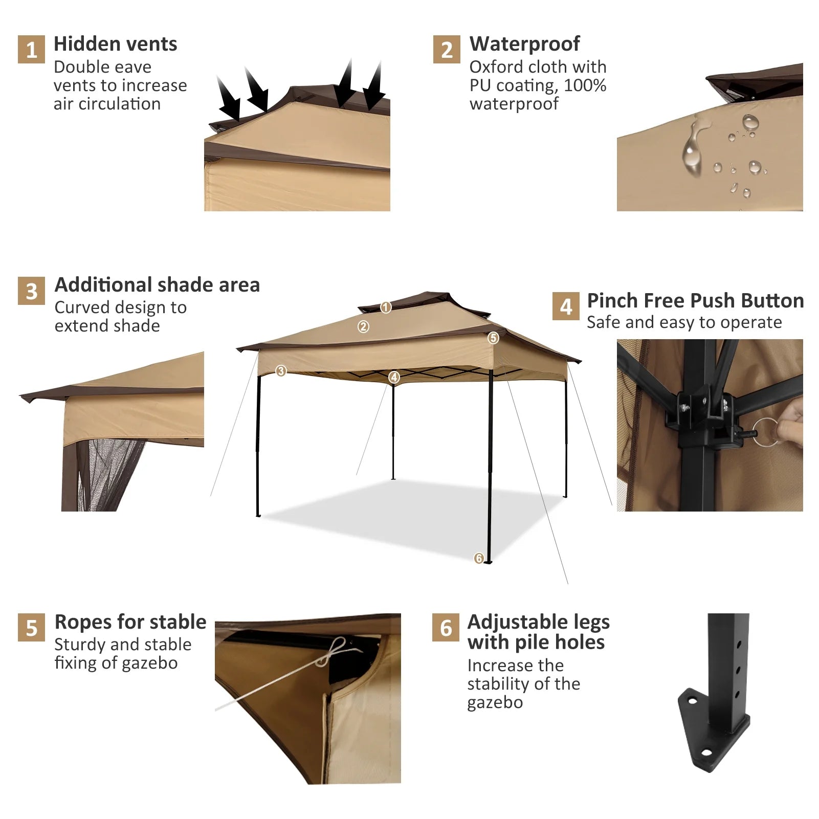Outdoor Canopy Gazebo 11X11 Pop-Up Gazebo Patio Gazebo with Mosquito Netting Outdoor Canopy Shelter with 121 Square Feet of Shade for Outdoor Lawn, Garden, Backyard and Deck, Brown