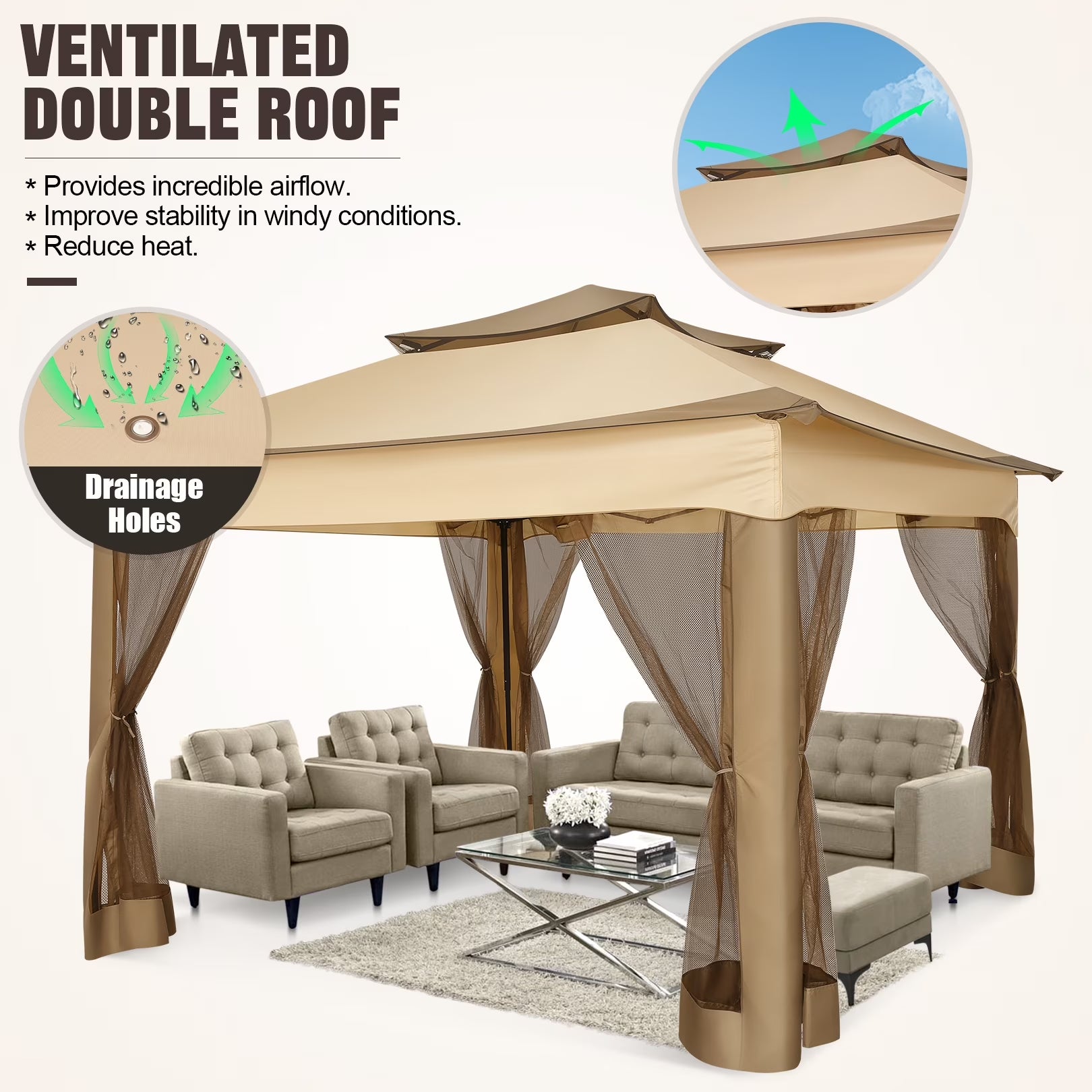11X11 Pop up Gazebo Outdoor Canopy Gazebo Patio Gazebo with Mosquito Netting Canopy Shelter with 121 Square Feet of Shade for Poolside, Garden, Party and Backyard, Khaki