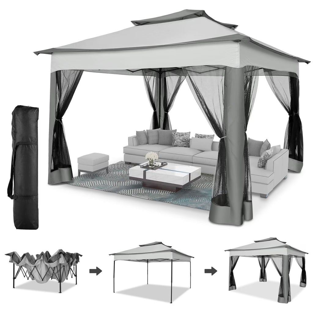 Outdoor Canopy Gazebo 11X11 Pop up Gazebo Patio Gazebo with Mosquito Netting Outdoor Canopy Shelter with 121 Square Feet of Shade for Outdoor Lawn, Garden, Backyard and Deck, Gray