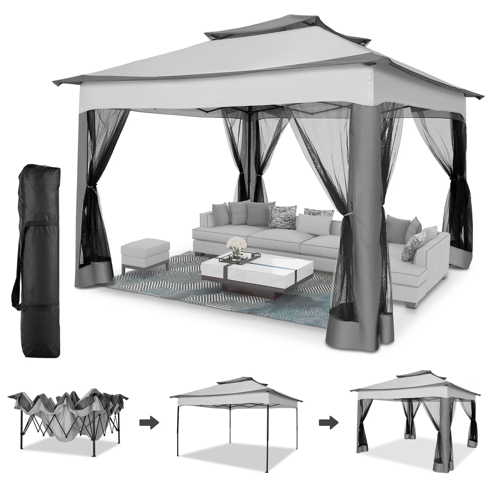 Outdoor Canopy Gazebo 11X11 Pop up Gazebo Patio Gazebo with Mosquito Netting Outdoor Canopy Shelter with 121 Square Feet of Shade for Outdoor Lawn, Garden, Backyard and Deck, Gray