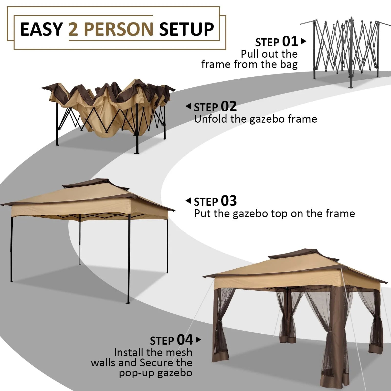 Outdoor Canopy Gazebo 11X11 Pop-Up Gazebo Patio Gazebo with Mosquito Netting Outdoor Canopy Shelter with 121 Square Feet of Shade for Outdoor Lawn, Garden, Backyard and Deck, Brown