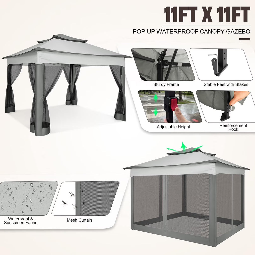 Outdoor Canopy Gazebo 11X11 Pop up Gazebo Patio Gazebo with Mosquito Netting Outdoor Canopy Shelter with 121 Square Feet of Shade for Outdoor Lawn, Garden, Backyard and Deck, Gray