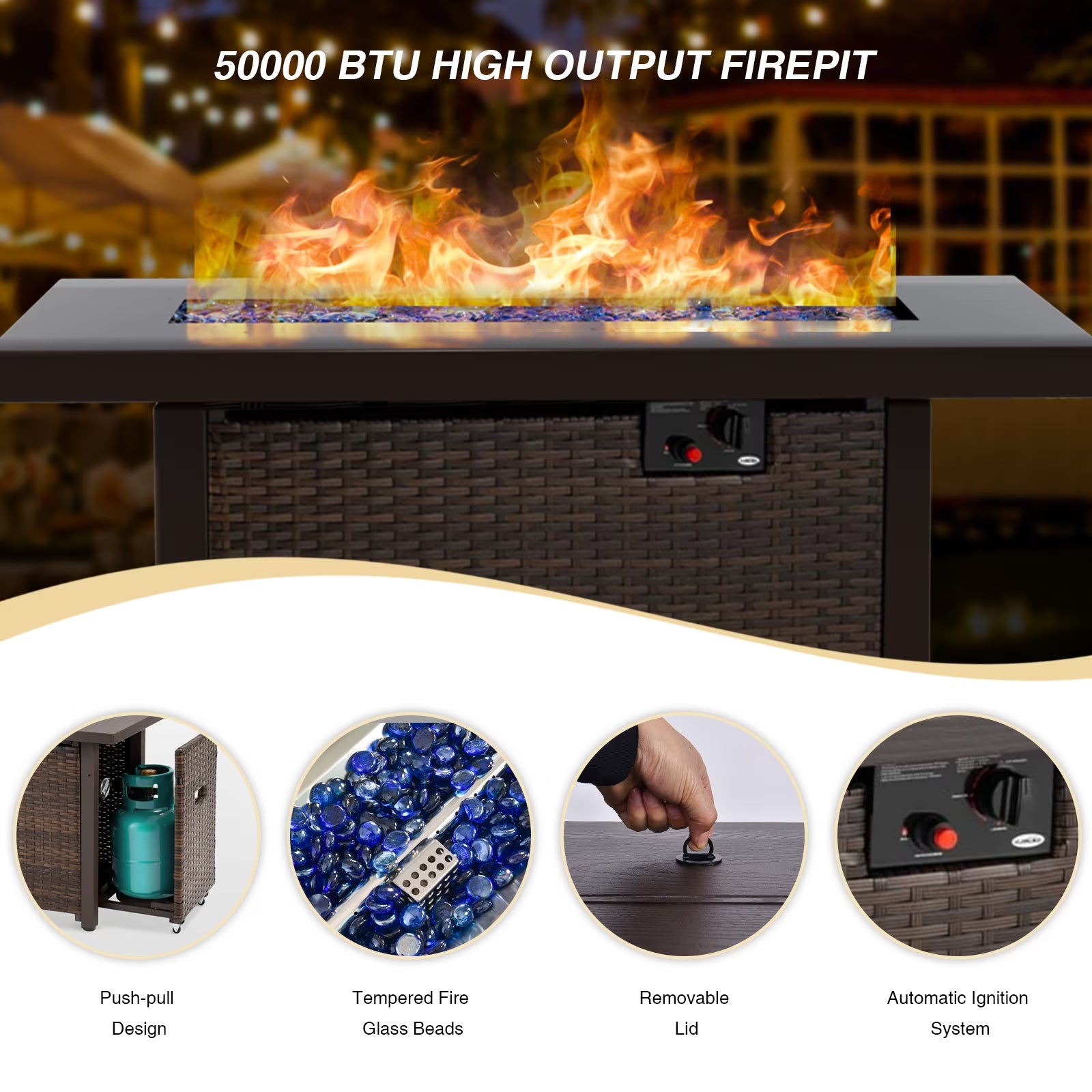 7 Piece Patio Furniture Set with Fire Pit Table, All Weather Outdoor Sectional PE Rattan, Patio Conversation Sets with Cushions for Garden Lawn Balcony Porch Deck, Blue