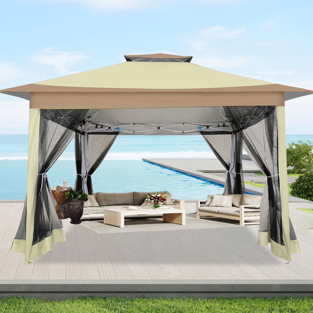12' X 12' Pop-Up Gazebo Patio Outdoor Canopy Tent with 8 Mosquito Nettings, Adjustable Height and 144 Square Ft of Shade for Garden, Party, Backyard with Vented Top, Khaki