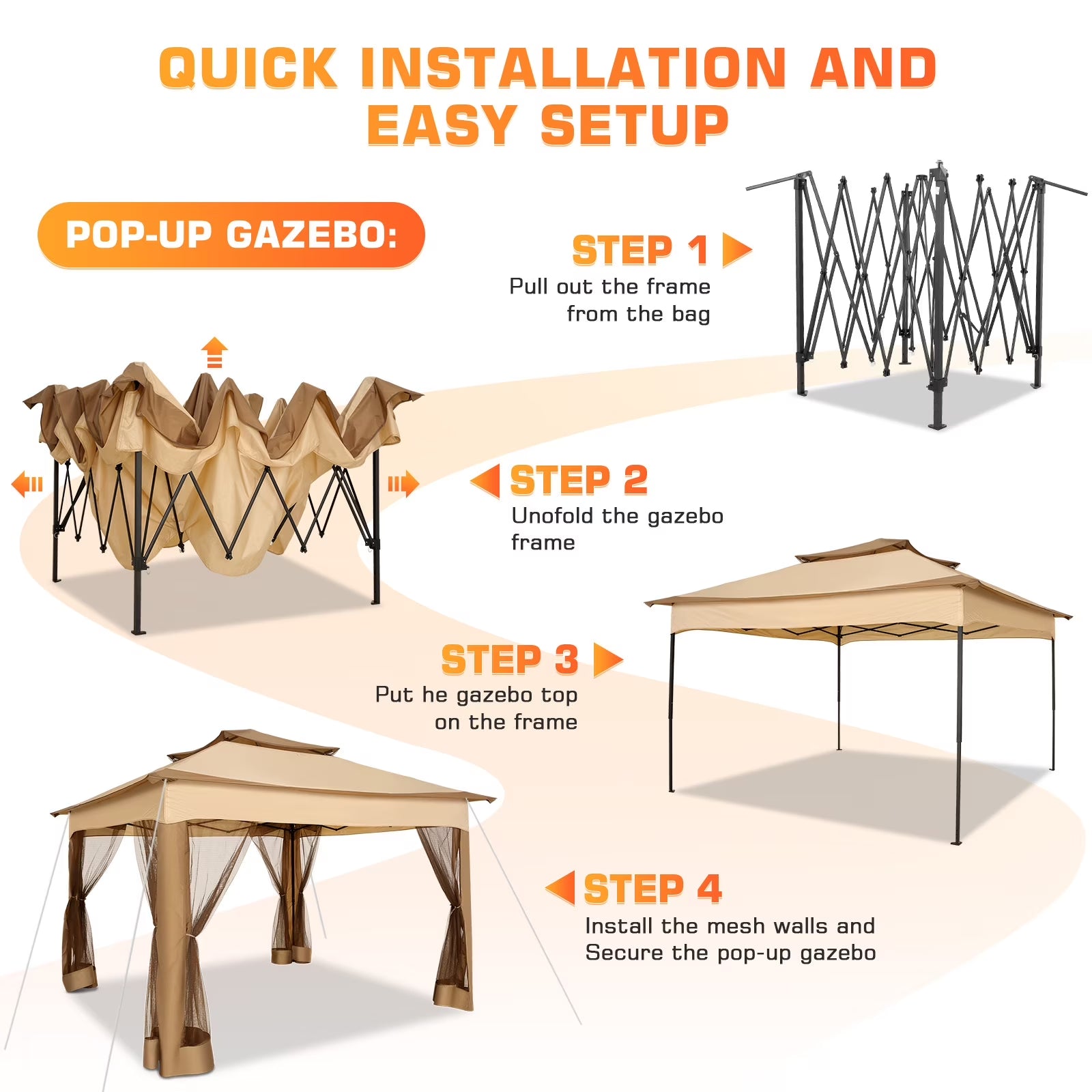 11X11 Pop up Gazebo Outdoor Canopy Gazebo Patio Gazebo with Mosquito Netting Canopy Shelter with 121 Square Feet of Shade for Poolside, Garden, Party and Backyard, Khaki
