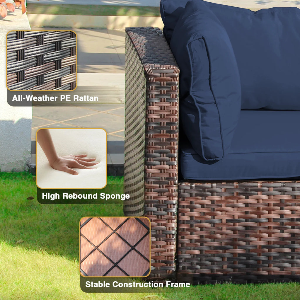 7 Piece Patio Furniture Set with Fire Pit Table, All Weather Outdoor Sectional PE Rattan, Patio Conversation Sets with Cushions for Garden Lawn Balcony Porch Deck, Blue