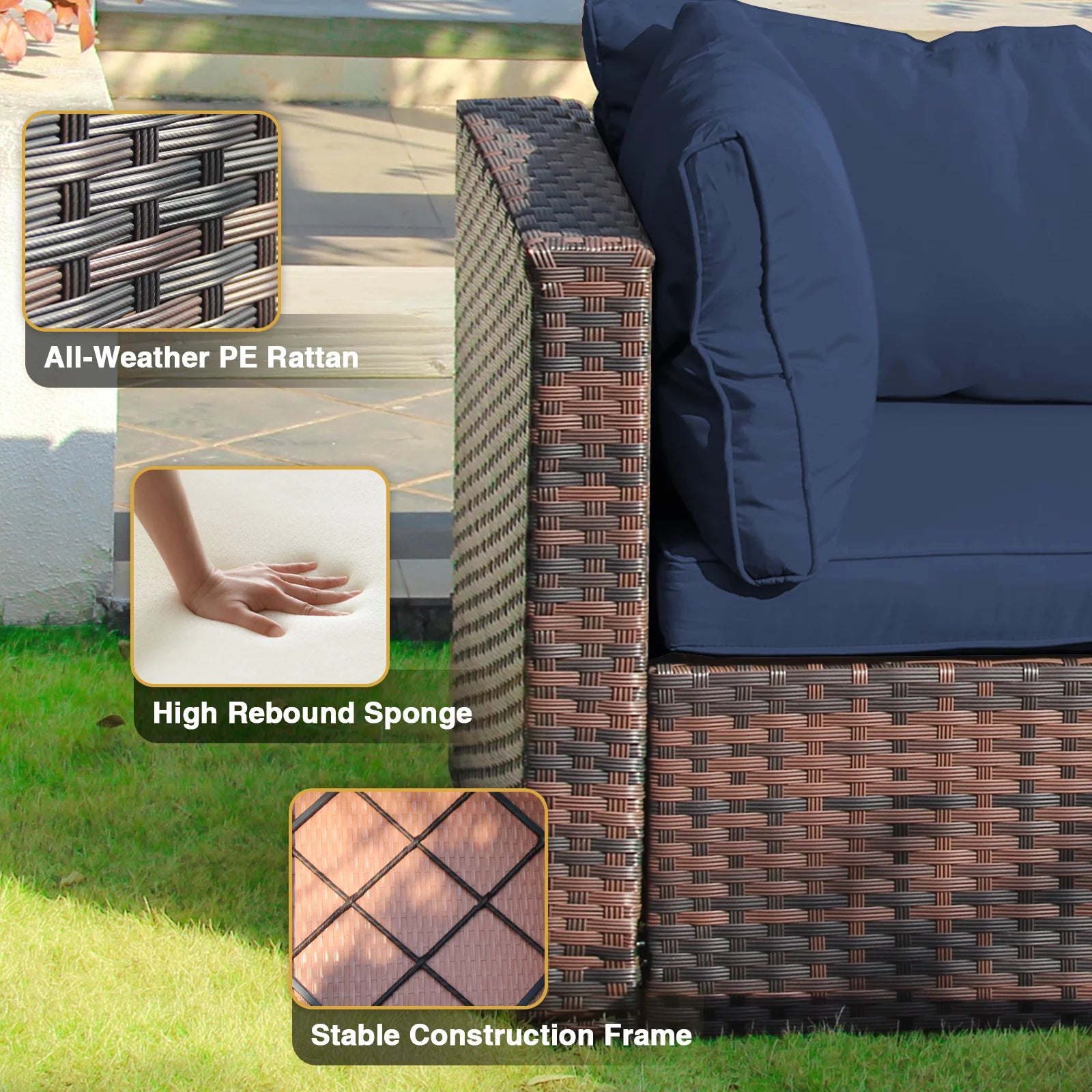 7 Piece Patio Furniture Set with Fire Pit Table, All Weather Outdoor Sectional PE Rattan, Patio Conversation Sets with Cushions for Garden Lawn Balcony Porch Deck, Blue