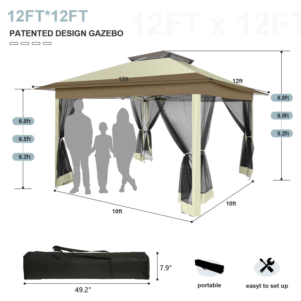 12' X 12' Pop-Up Gazebo Patio Outdoor Canopy Tent with 8 Mosquito Nettings, Adjustable Height and 144 Square Ft of Shade for Garden, Party, Backyard with Vented Top, Khaki