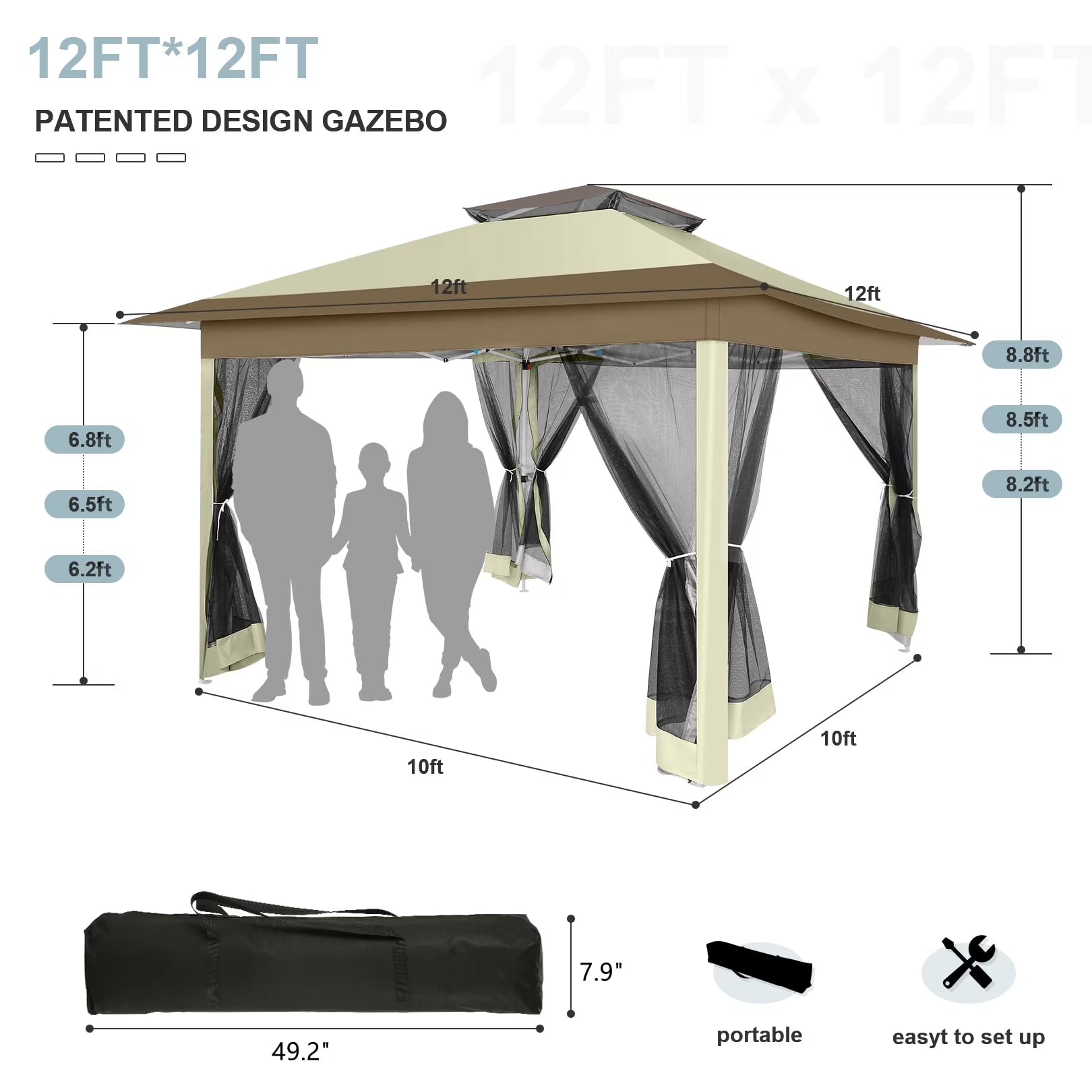 12' X 12' Pop-Up Gazebo Patio Outdoor Canopy Tent with 8 Mosquito Nettings, Adjustable Height and 144 Square Ft of Shade for Garden, Party, Backyard with Vented Top, Khaki