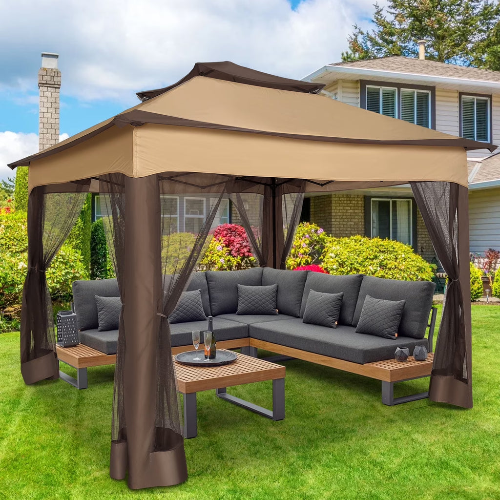 Outdoor Canopy Gazebo 11X11 Pop-Up Gazebo Patio Gazebo with Mosquito Netting Outdoor Canopy Shelter with 121 Square Feet of Shade for Outdoor Lawn, Garden, Backyard and Deck, Brown