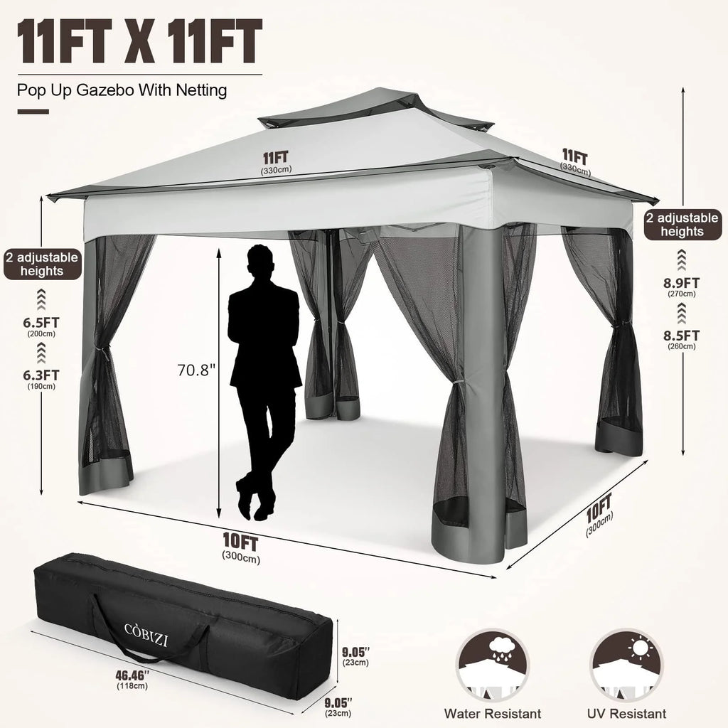 Outdoor Canopy Gazebo 11X11 Pop up Gazebo Patio Gazebo with Mosquito Netting Outdoor Canopy Shelter with 121 Square Feet of Shade for Outdoor Lawn, Garden, Backyard and Deck, Gray