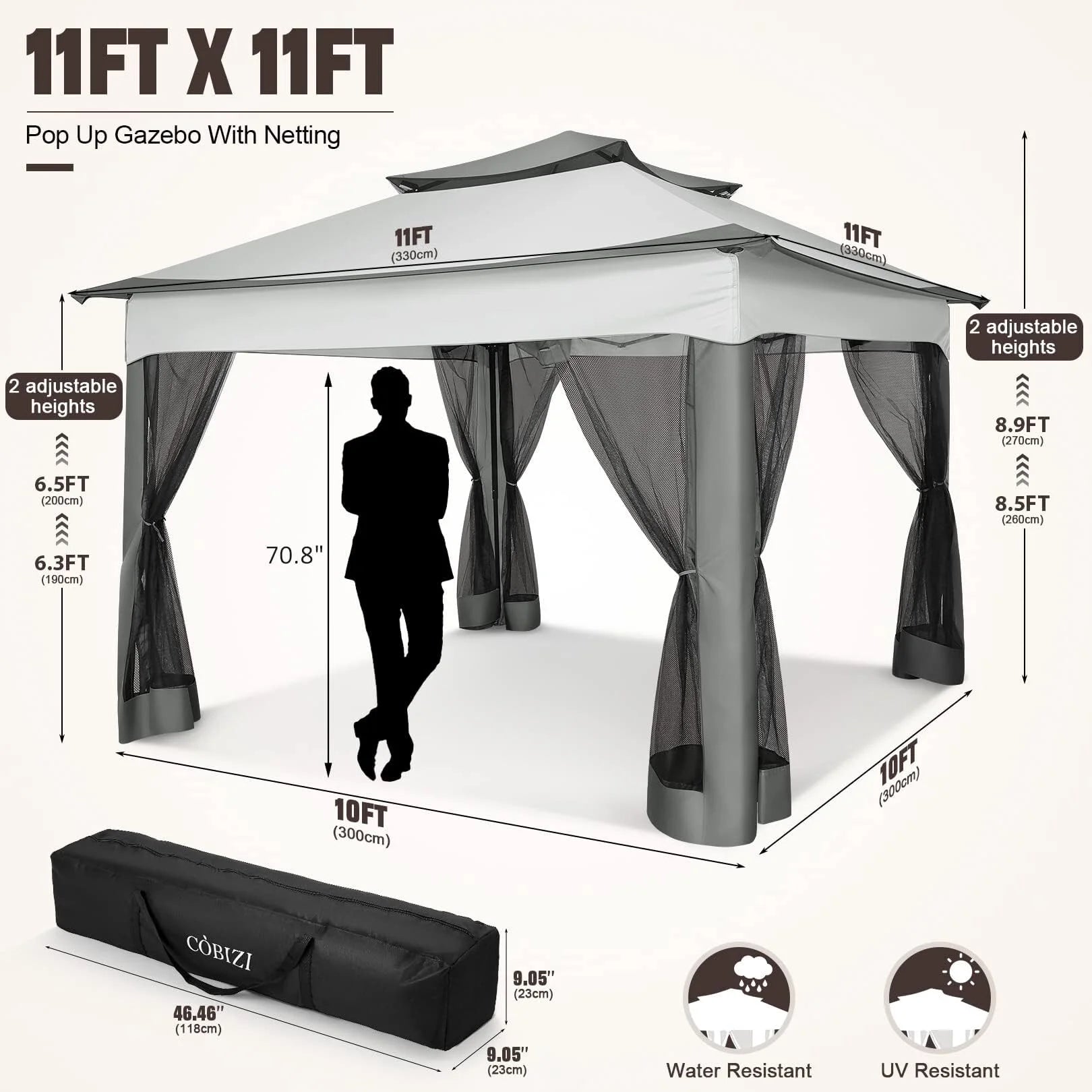 Outdoor Canopy Gazebo 11X11 Pop up Gazebo Patio Gazebo with Mosquito Netting Outdoor Canopy Shelter with 121 Square Feet of Shade for Outdoor Lawn, Garden, Backyard and Deck, Gray