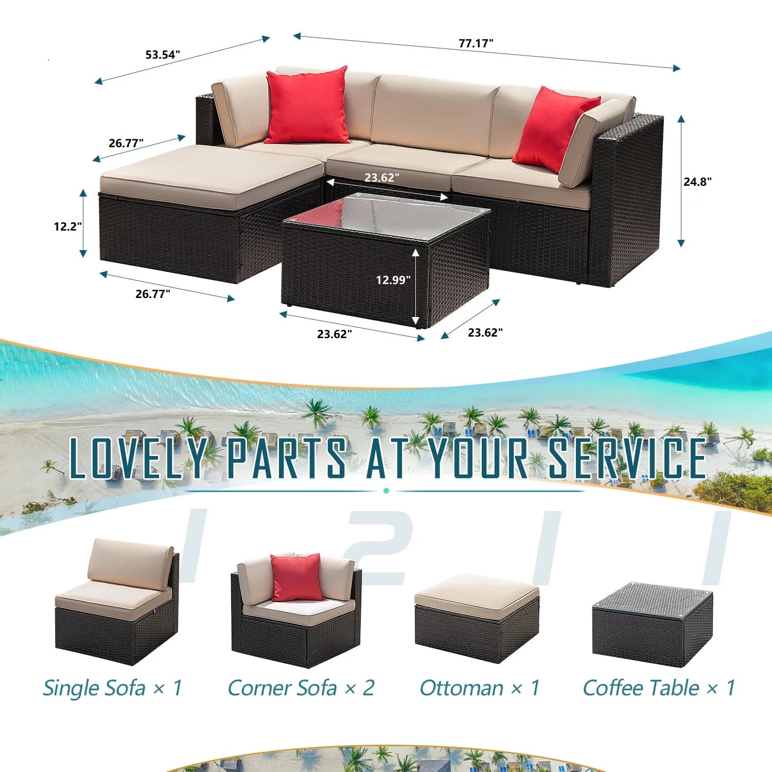 5 Pieces Patio Sectional Set PE Rattan Outdoor All-Weather Wicker Conversation Set with Table, Beige