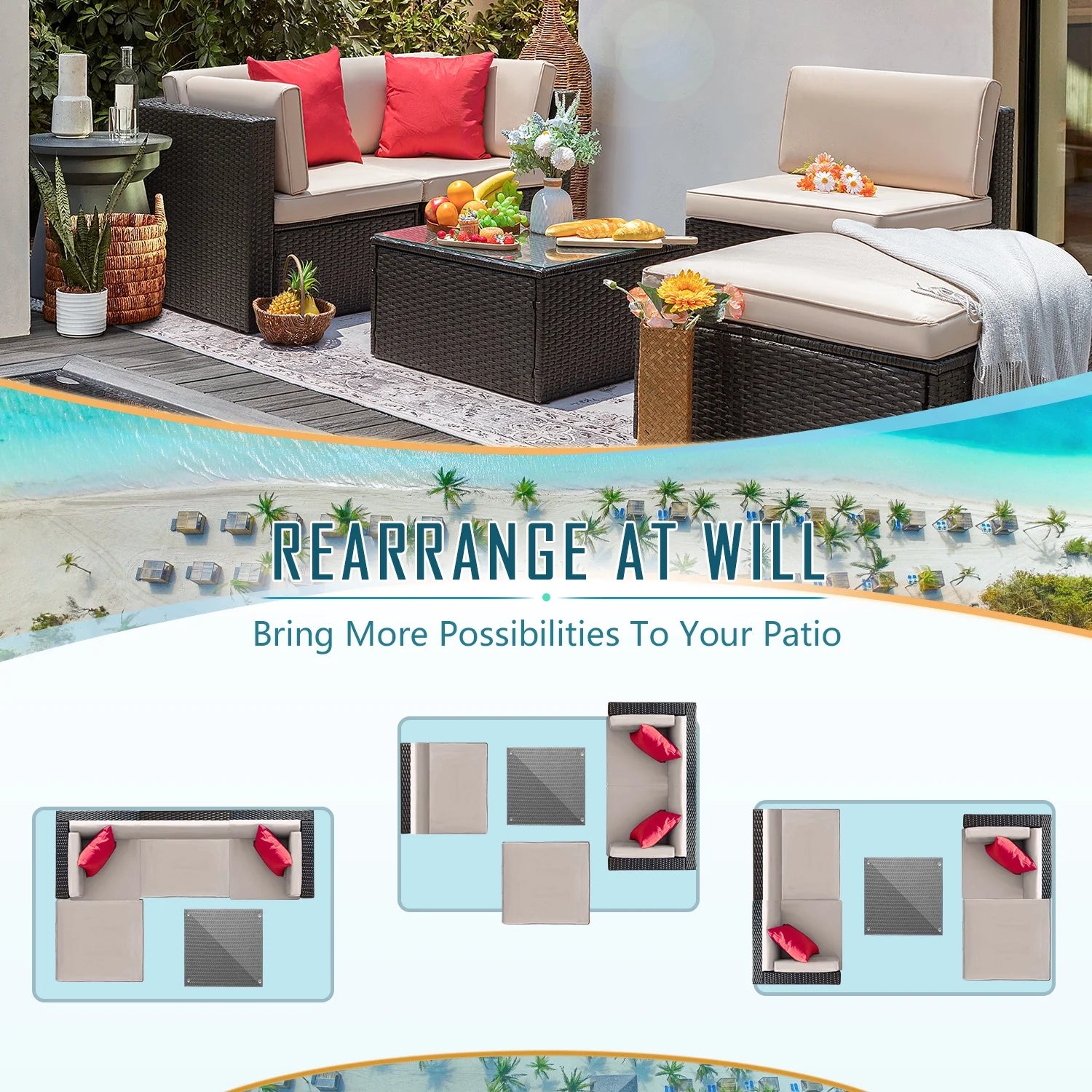 5 Pieces Patio Sectional Set PE Rattan Outdoor All-Weather Wicker Conversation Set with Table, Beige