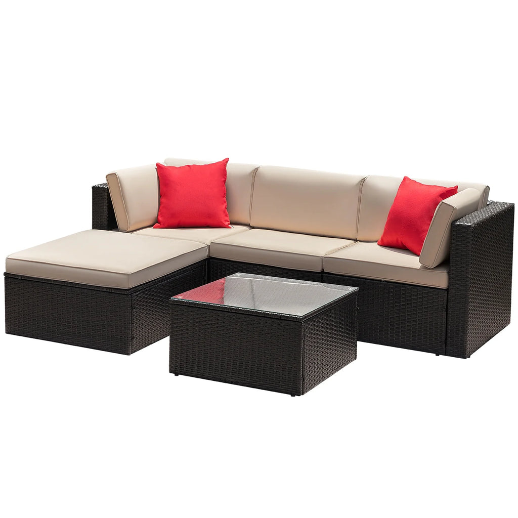 5 Pieces Patio Sectional Set PE Rattan Outdoor All-Weather Wicker Conversation Set with Table, Beige