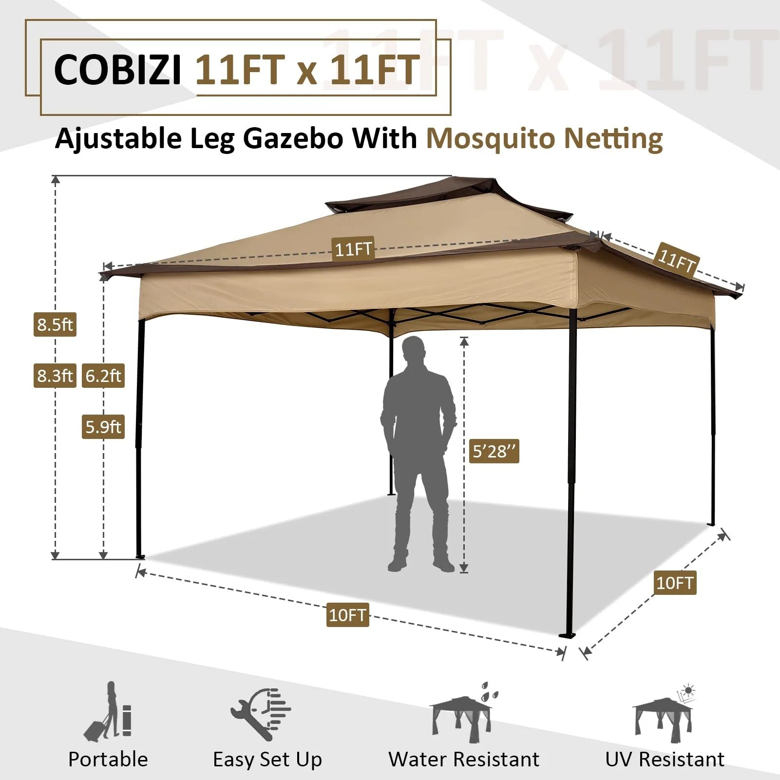 Outdoor Canopy Gazebo 11X11 Pop-Up Gazebo Patio Gazebo with Mosquito Netting Outdoor Canopy Shelter with 121 Square Feet of Shade for Outdoor Lawn, Garden, Backyard and Deck, Brown