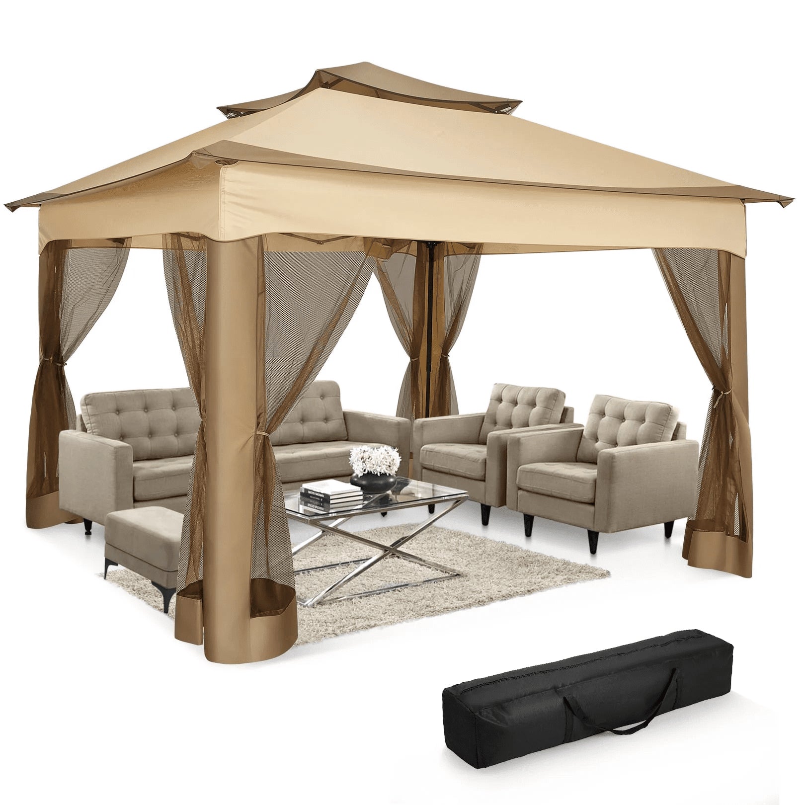 11X11 Pop up Gazebo Outdoor Canopy Gazebo Patio Gazebo with Mosquito Netting Canopy Shelter with 121 Square Feet of Shade for Poolside, Garden, Party and Backyard, Khaki