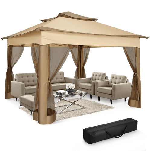 11X11 Pop up Gazebo Outdoor Canopy Gazebo Patio Gazebo with Mosquito Netting Canopy Shelter with 121 Square Feet of Shade for Poolside, Garden, Party and Backyard, Khaki