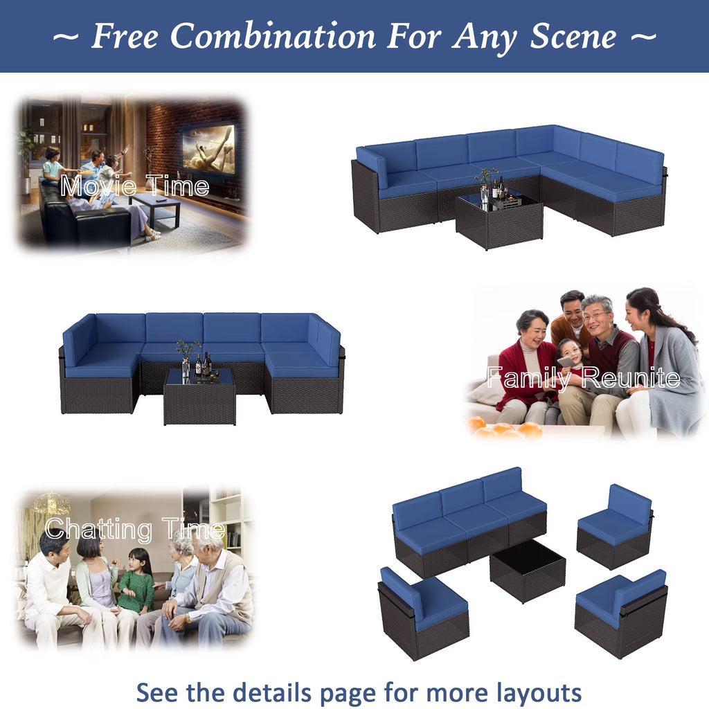 7Pcs Outdoor Patio Furniture Set Wicker Sectional Sofa Conversation Chair Sofa Set with Cushions, Dark Blue