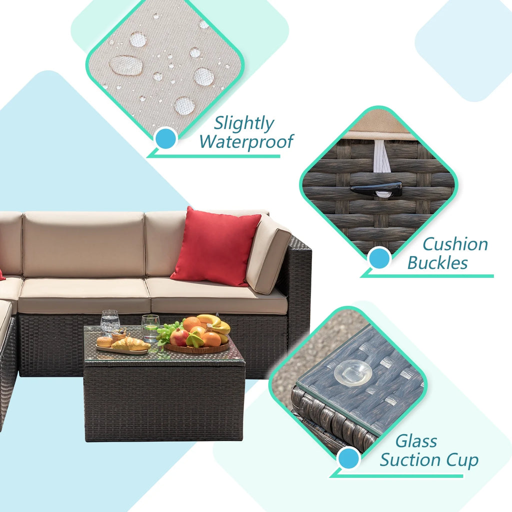 5 Pieces Patio Sectional Set PE Rattan Outdoor All-Weather Wicker Conversation Set with Table, Beige