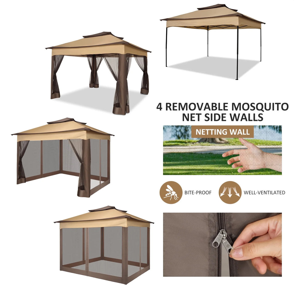 Outdoor Canopy Gazebo 11X11 Pop-Up Gazebo Patio Gazebo with Mosquito Netting Outdoor Canopy Shelter with 121 Square Feet of Shade for Outdoor Lawn, Garden, Backyard and Deck, Brown