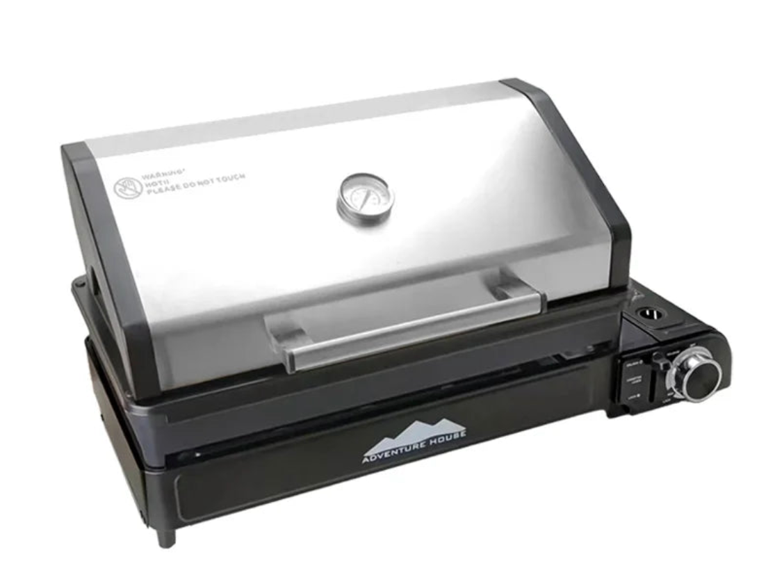 Portable folding gas grill and camp stove in stainless steel