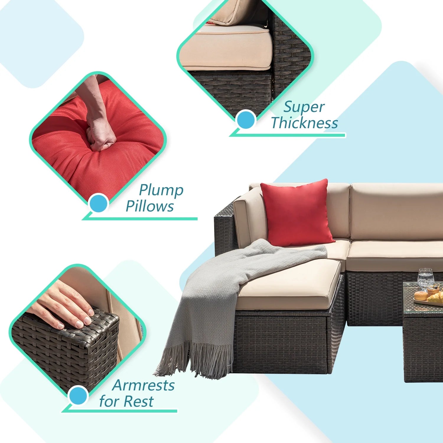 5 Pieces Patio Sectional Set PE Rattan Outdoor All-Weather Wicker Conversation Set with Table, Beige