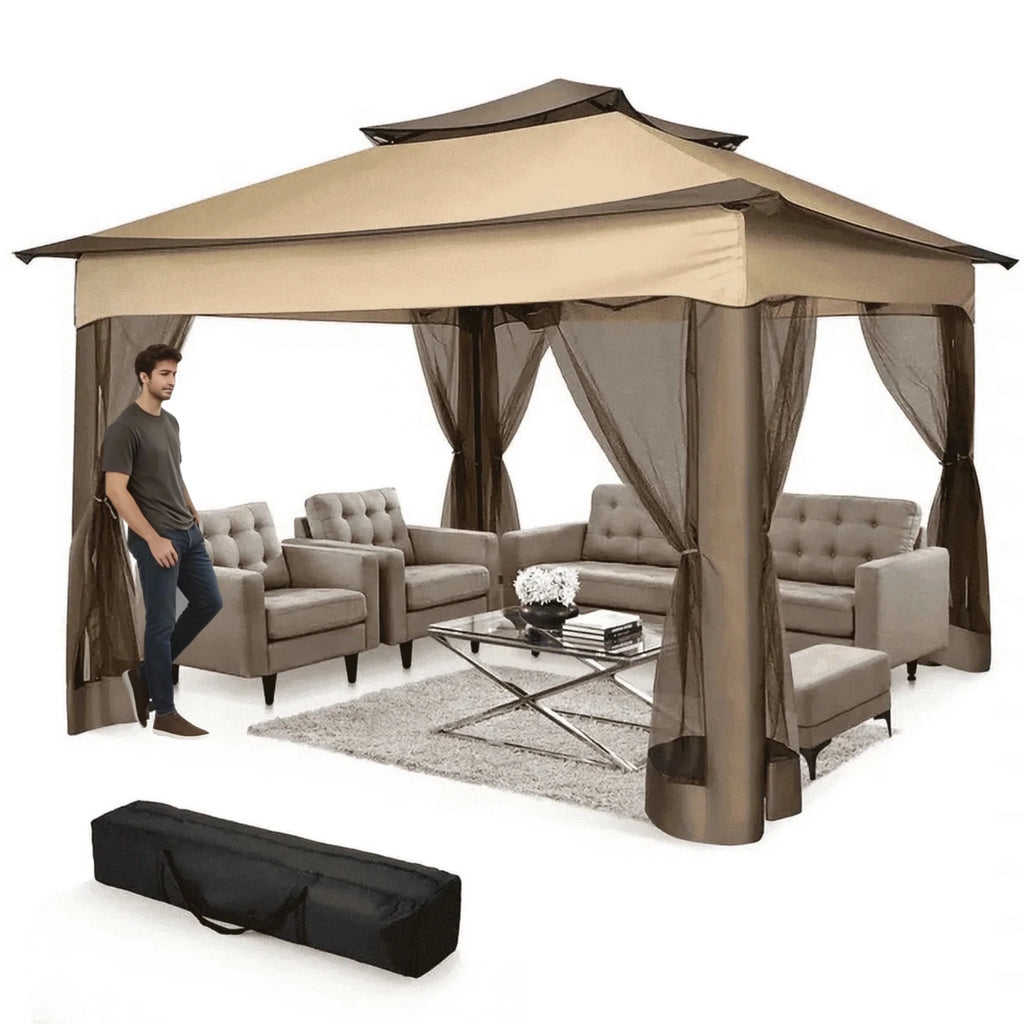 Outdoor Canopy Gazebo 11X11 Pop-Up Gazebo Patio Gazebo with Mosquito Netting Outdoor Canopy Shelter with 121 Square Feet of Shade for Outdoor Lawn, Garden, Backyard and Deck, Brown
