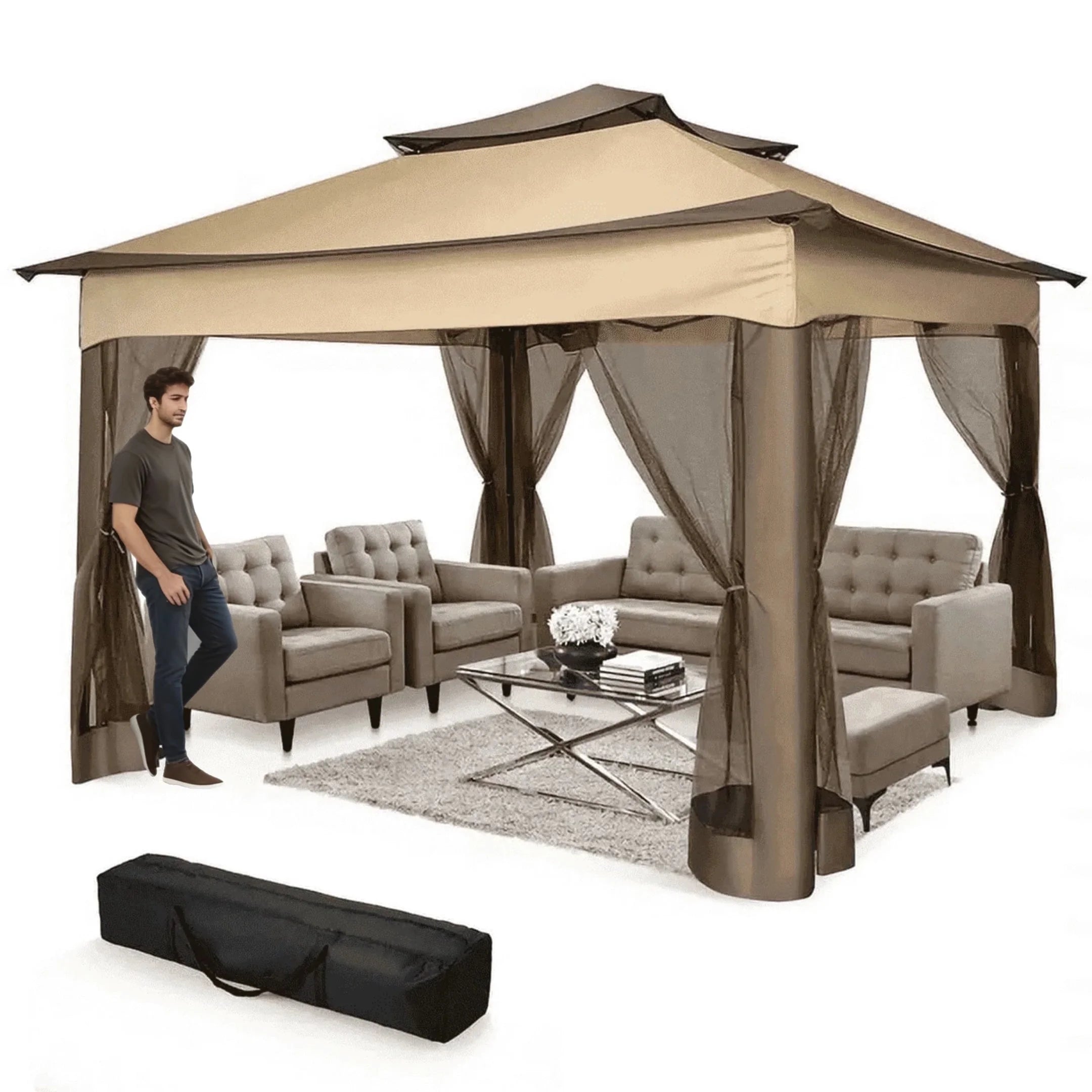Outdoor Canopy Gazebo 11X11 Pop-Up Gazebo Patio Gazebo with Mosquito Netting Outdoor Canopy Shelter with 121 Square Feet of Shade for Outdoor Lawn, Garden, Backyard and Deck, Brown
