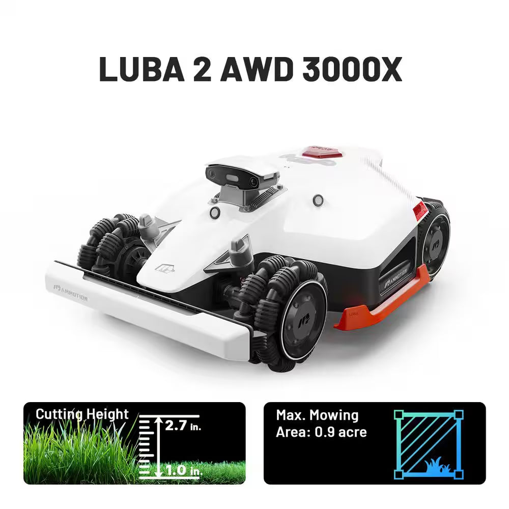 Mammotion Luba 2 AWD 3000X box contents including mower, spare blades, RTK reference station and charging station