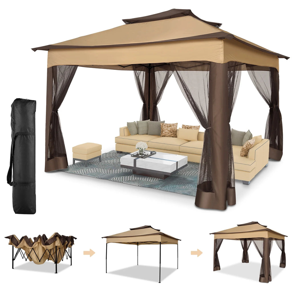Outdoor Canopy Gazebo 11X11 Pop-Up Gazebo Patio Gazebo with Mosquito Netting Outdoor Canopy Shelter with 121 Square Feet of Shade for Outdoor Lawn, Garden, Backyard and Deck, Brown