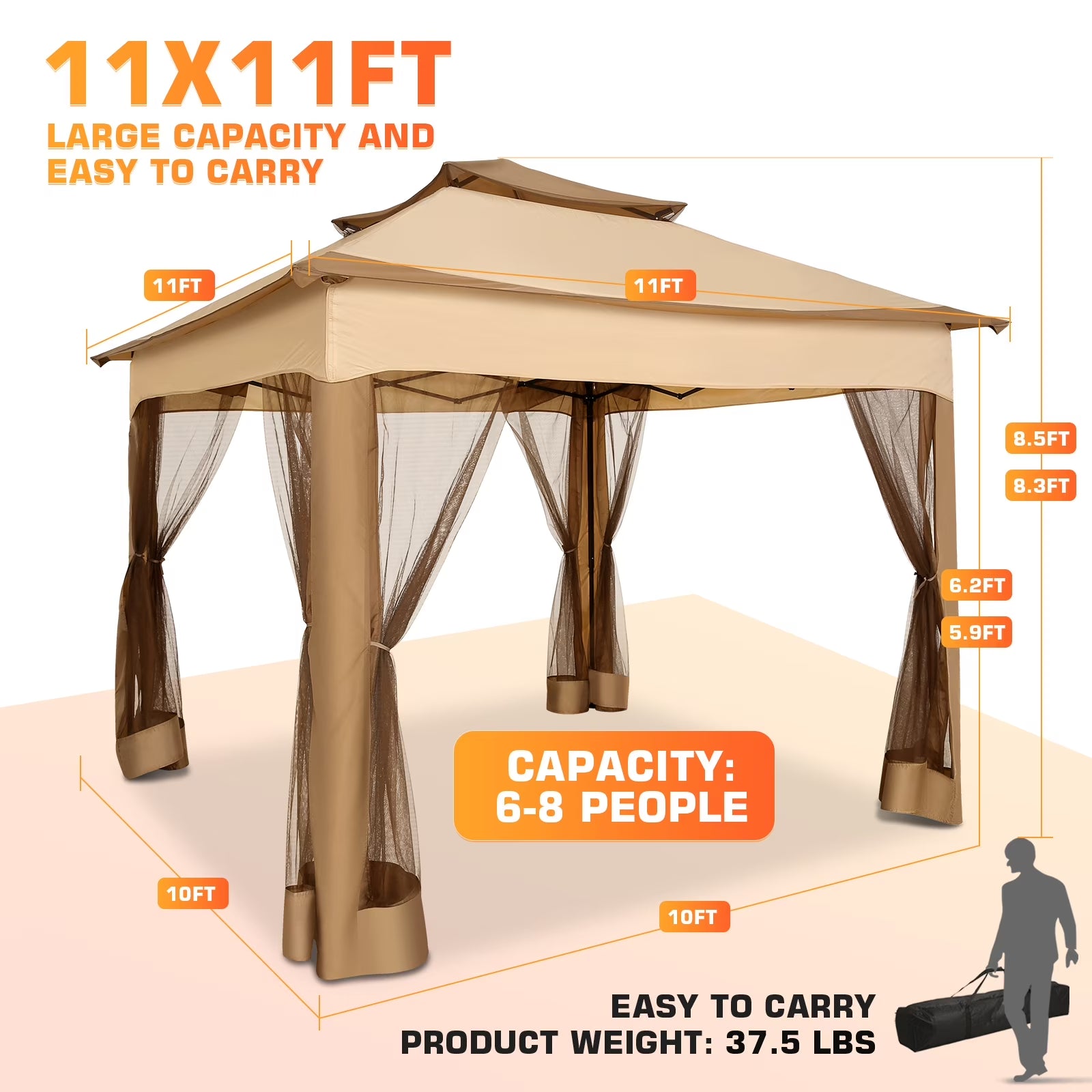 11X11 Pop up Gazebo Outdoor Canopy Gazebo Patio Gazebo with Mosquito Netting Canopy Shelter with 121 Square Feet of Shade for Poolside, Garden, Party and Backyard, Khaki