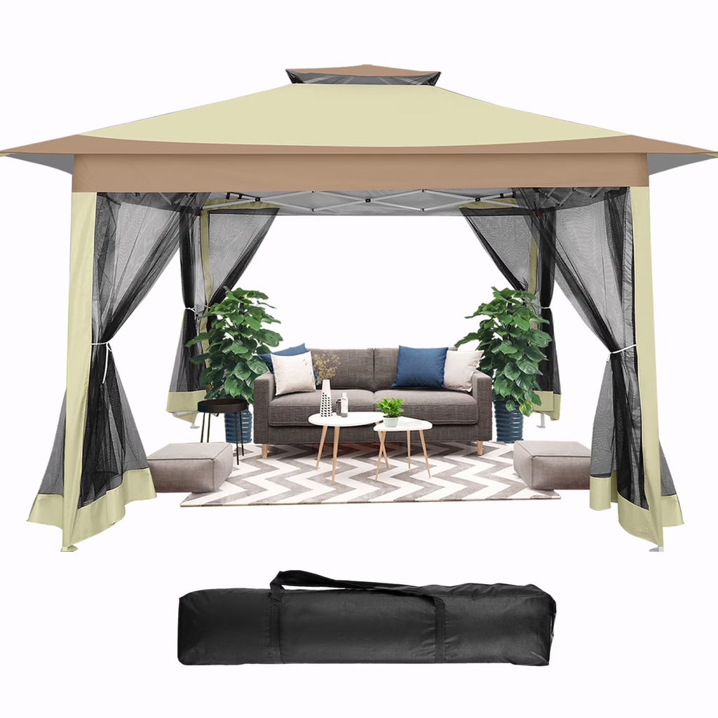 12' X 12' Pop-Up Gazebo Patio Outdoor Canopy Tent with 8 Mosquito Nettings, Adjustable Height and 144 Square Ft of Shade for Garden, Party, Backyard with Vented Top, Khaki