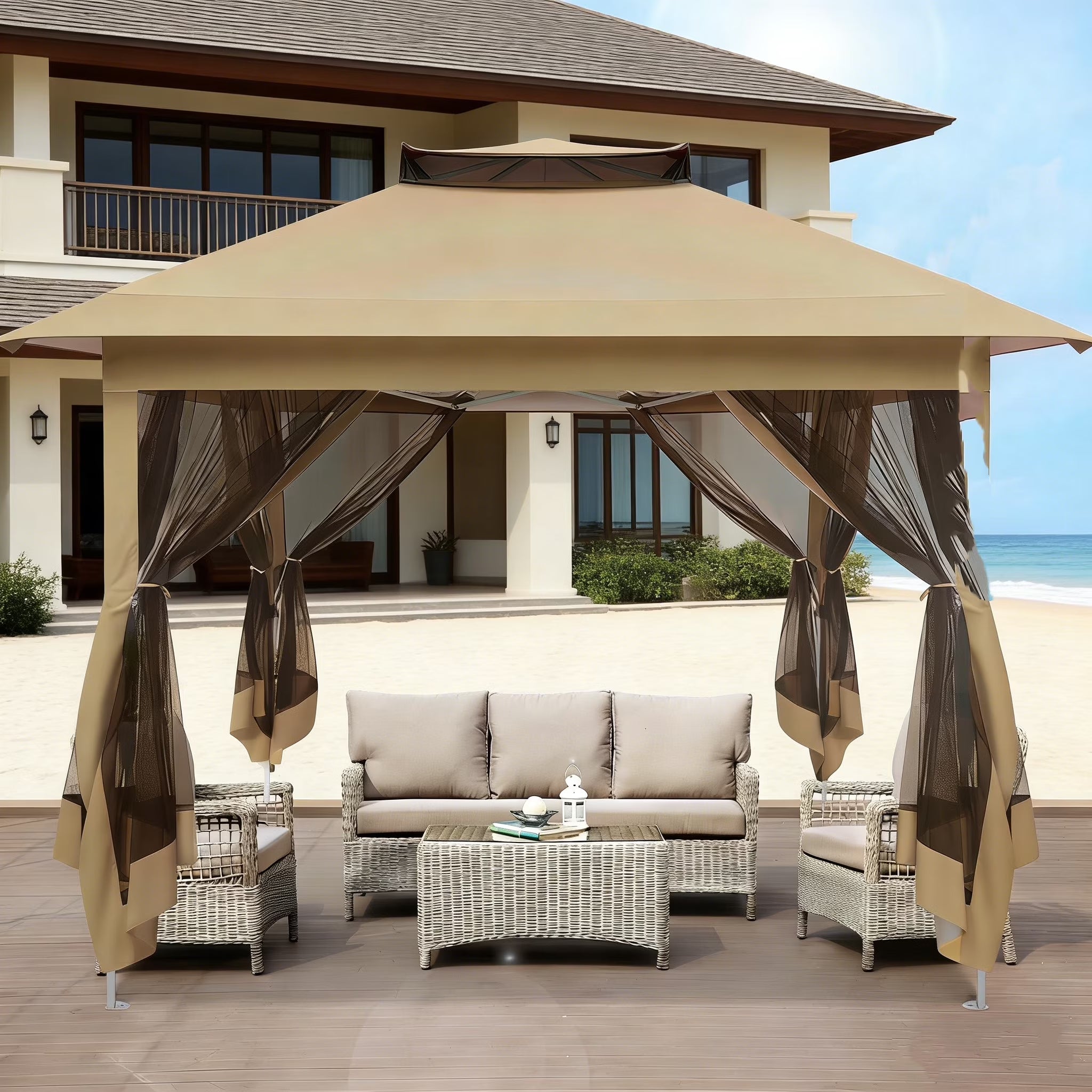 11X11 Pop up Gazebo Outdoor Canopy Gazebo Patio Gazebo with Mosquito Netting Canopy Shelter with 121 Square Feet of Shade for Poolside, Garden, Party and Backyard, Khaki
