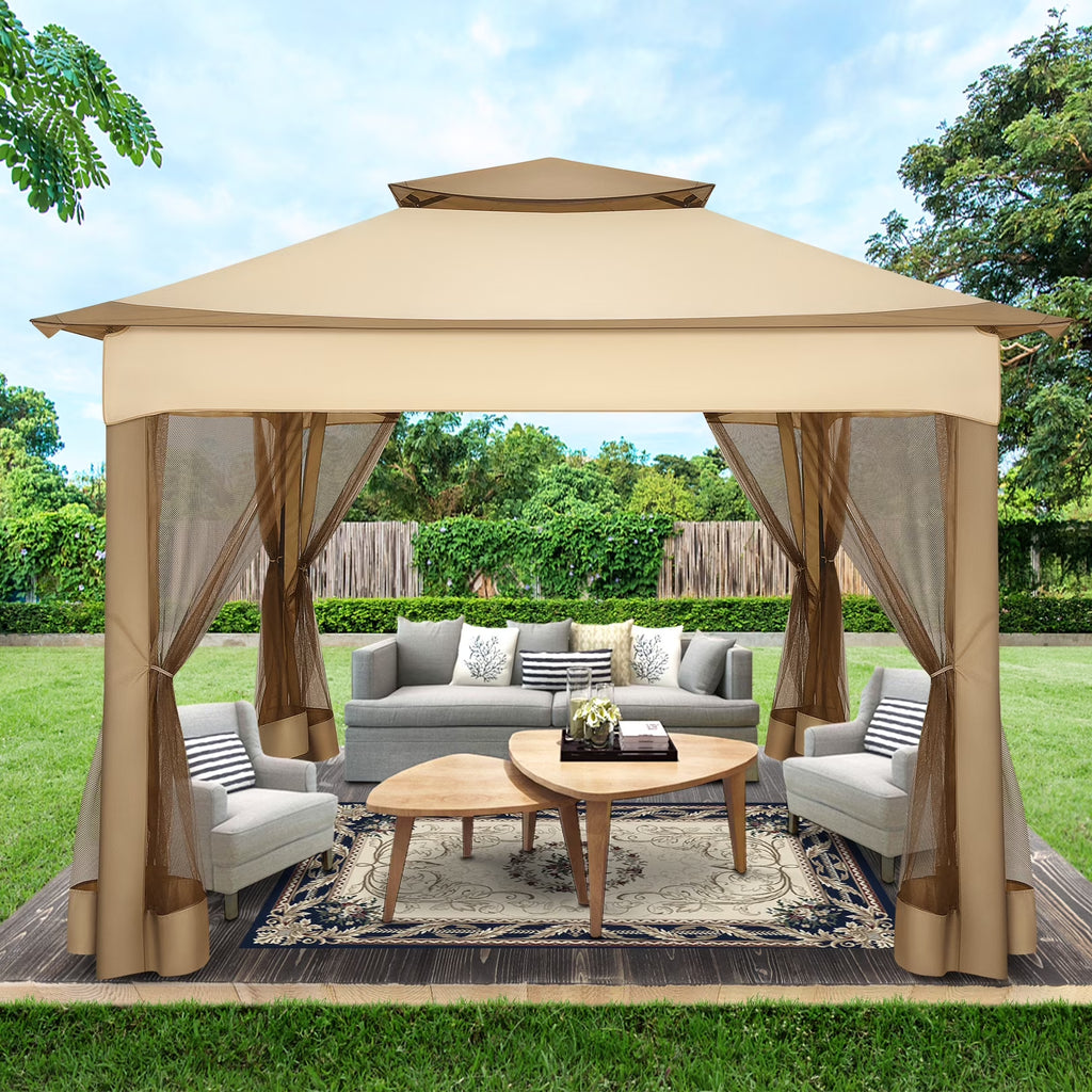 11X11 Pop up Gazebo Outdoor Canopy Gazebo Patio Gazebo with Mosquito Netting Canopy Shelter with 121 Square Feet of Shade for Poolside, Garden, Party and Backyard, Khaki